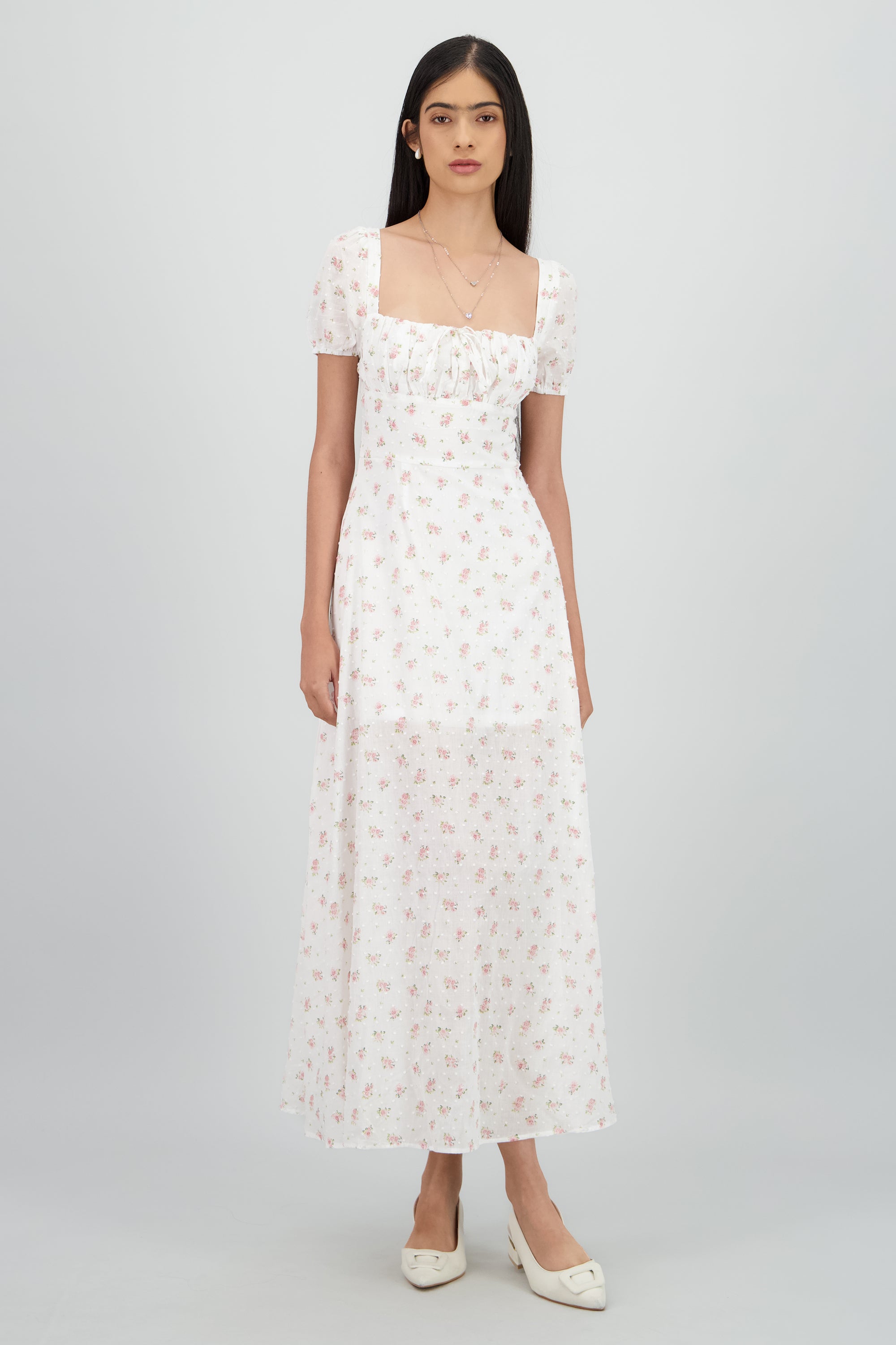 Vestido midi mini flores textura CREMA