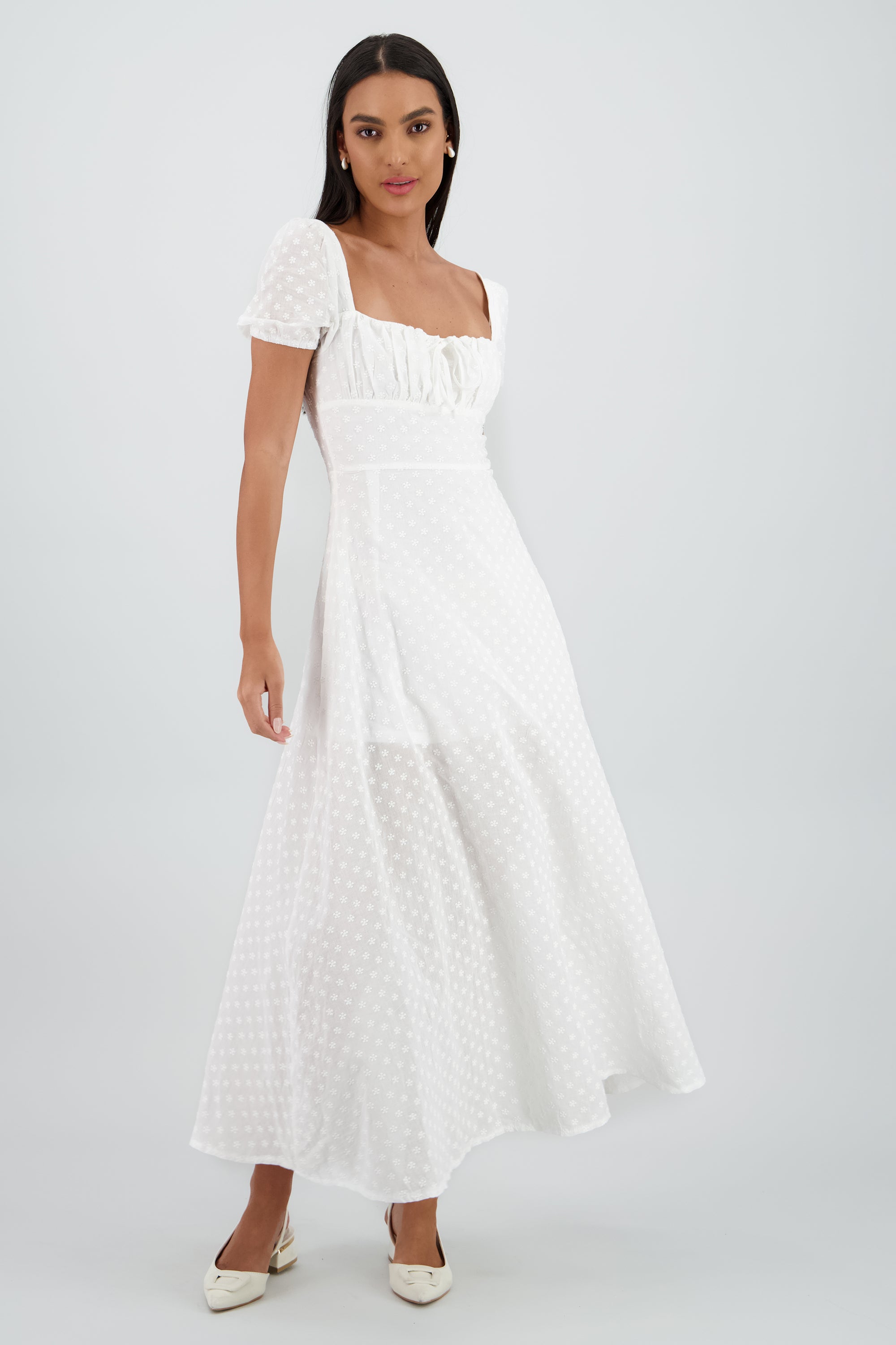 Vestido midi flores bordad BLANCO