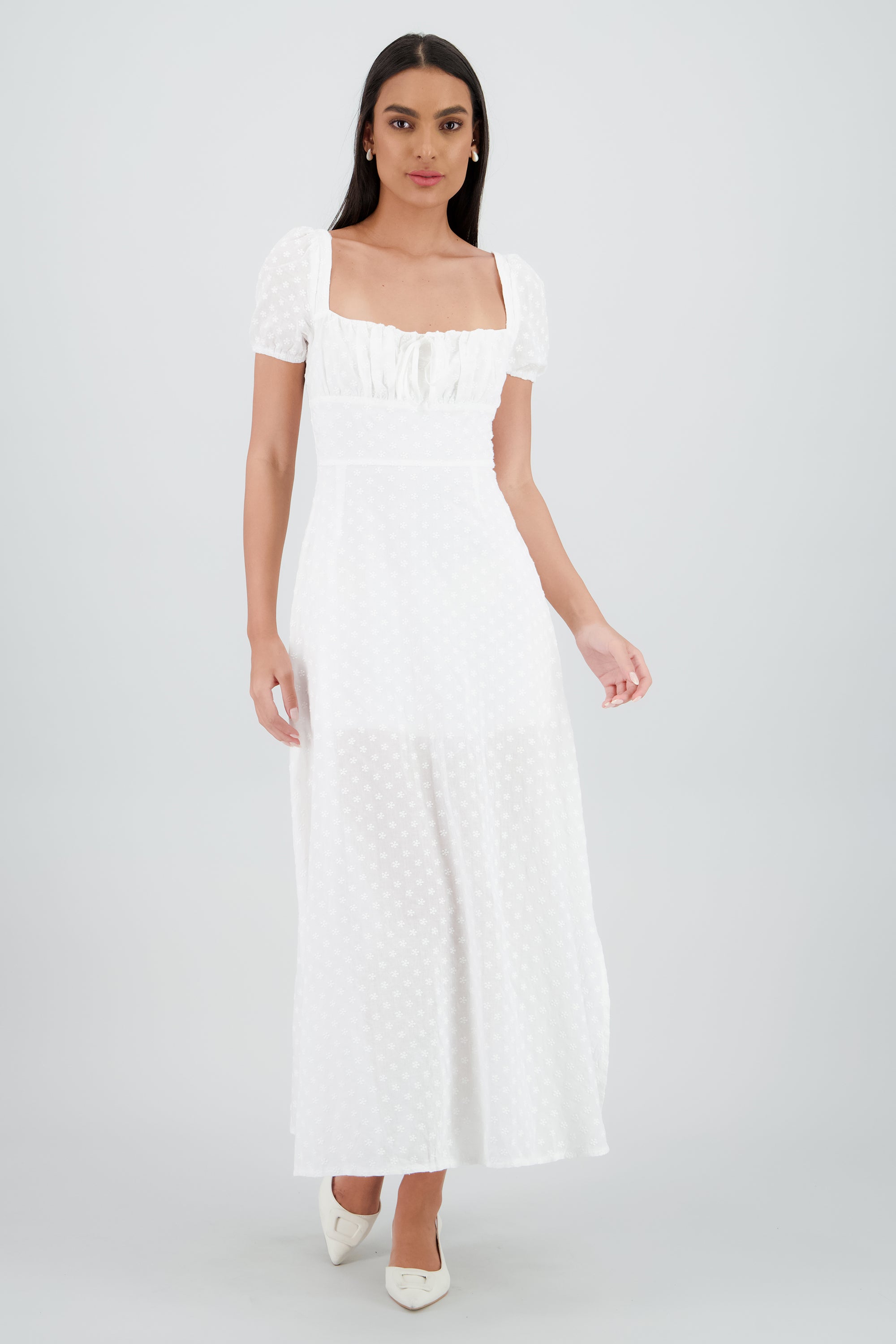 Vestido midi flores bordad BLANCO