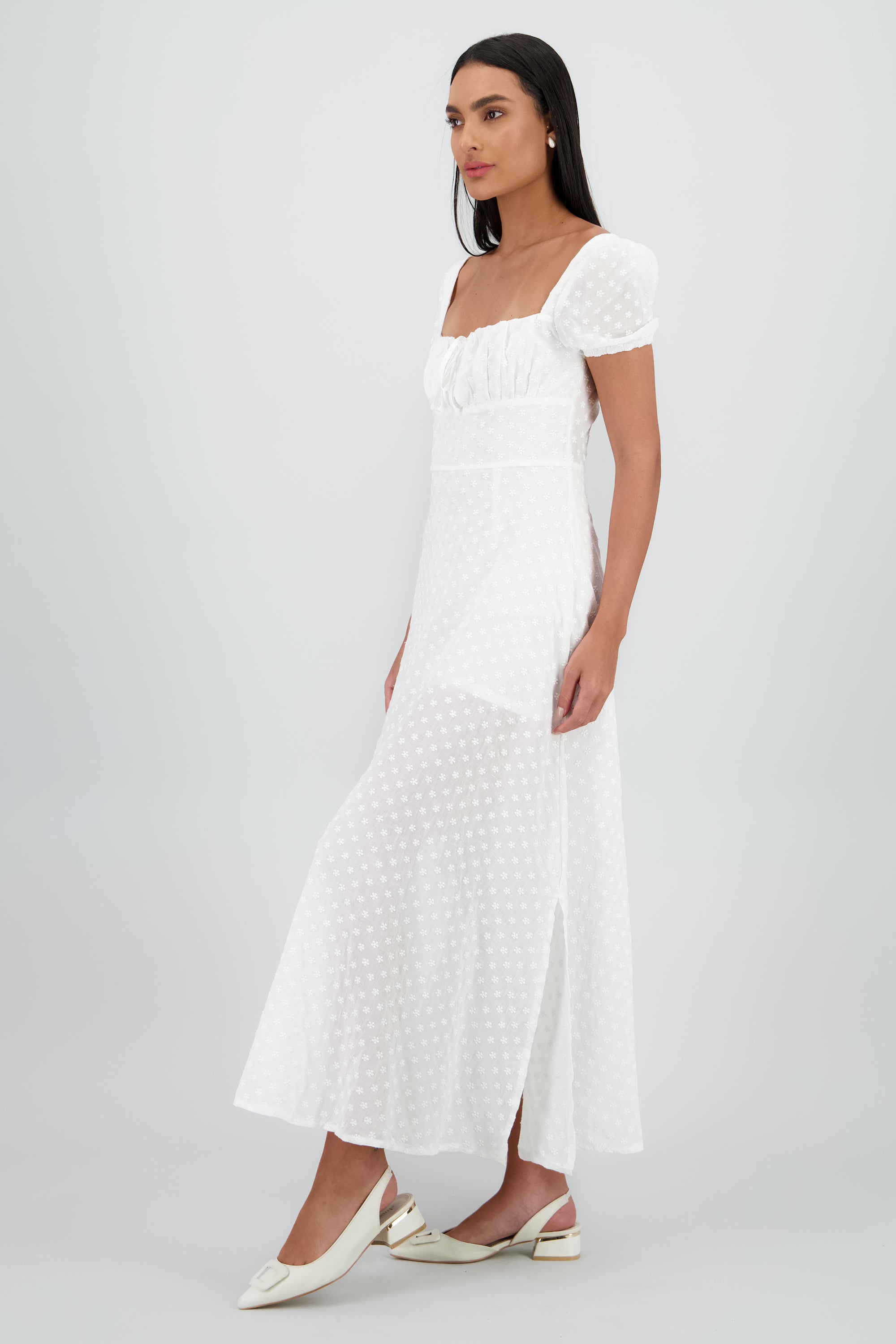 Vestido midi flores bordad BLANCO
