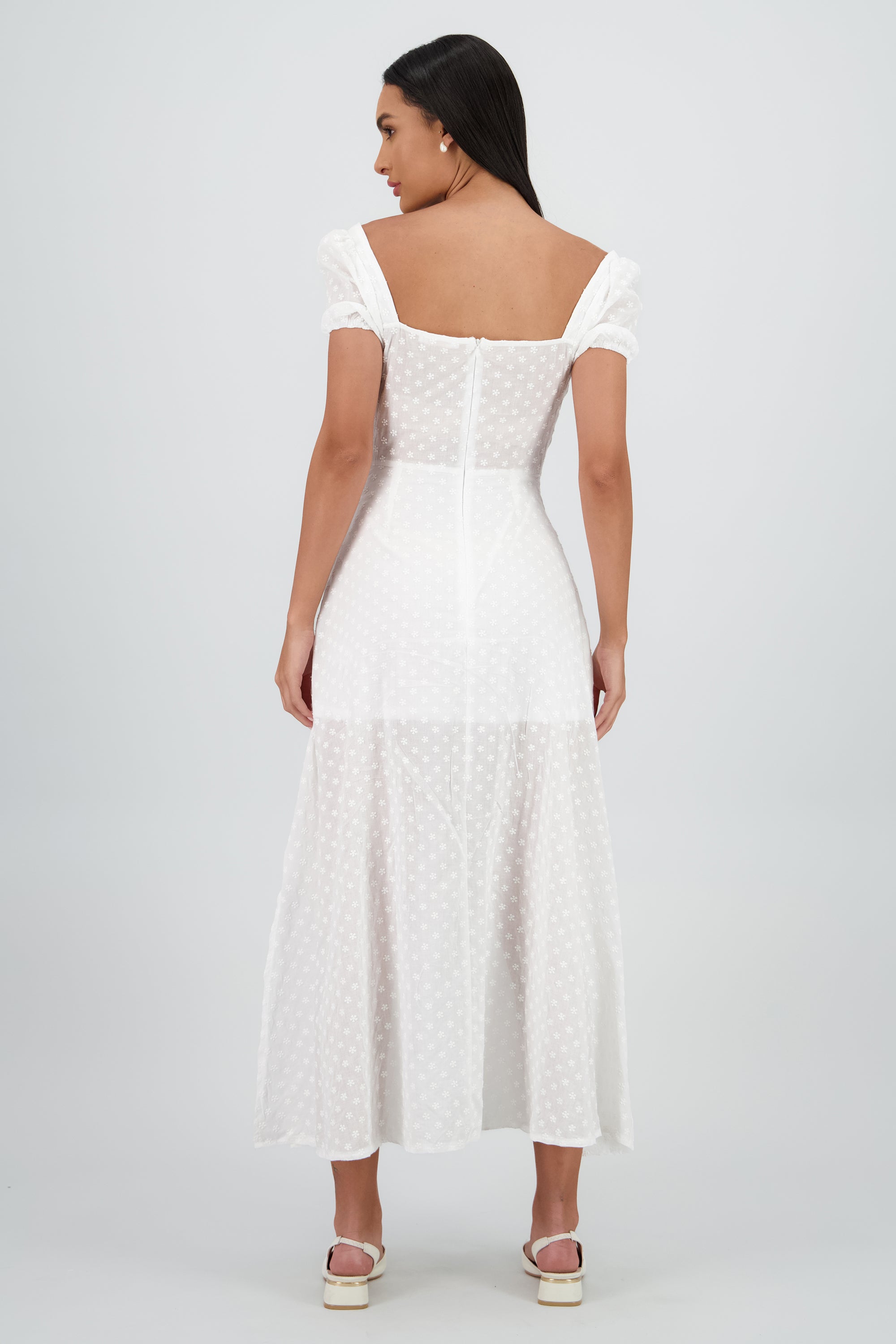 Vestido midi flores bordad BLANCO