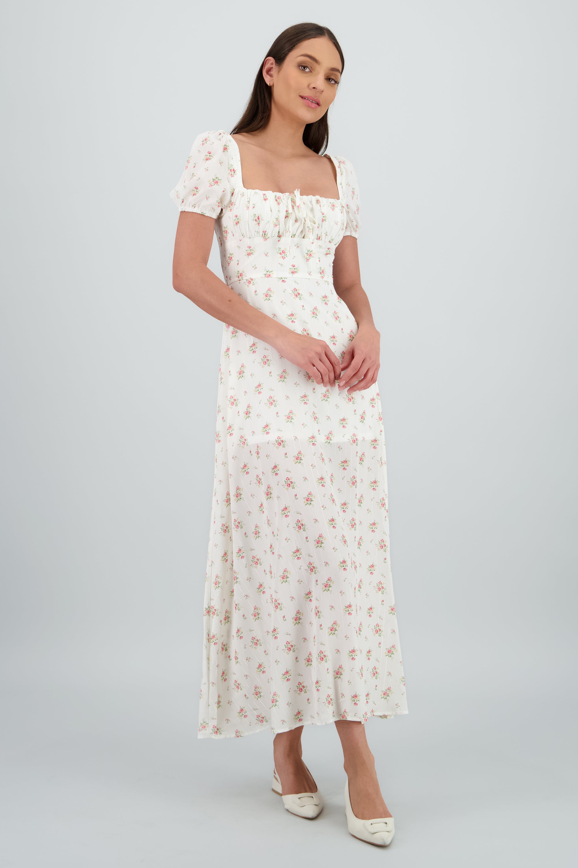 Vestido midi lurex y flores ROSA COMBO