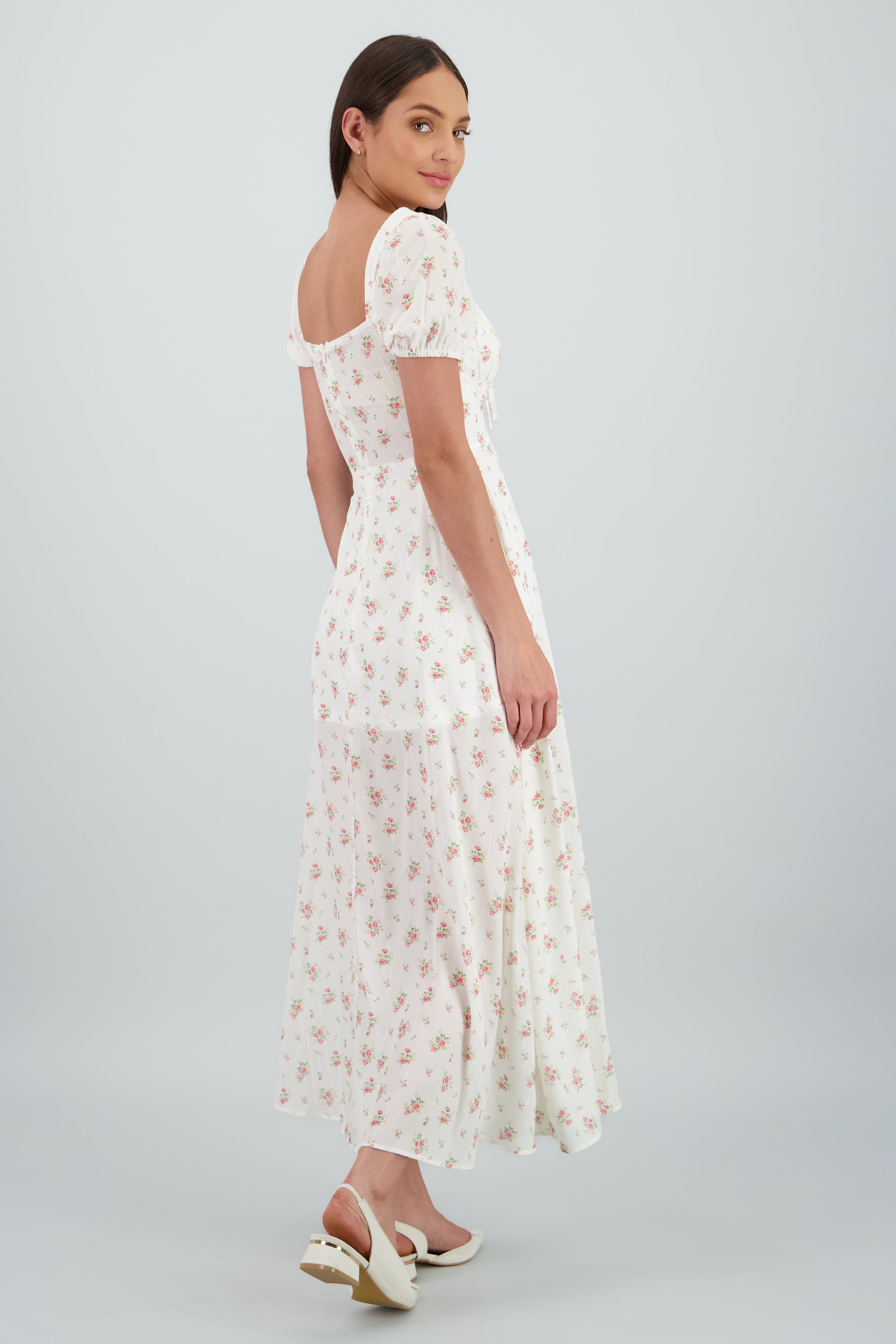 Vestido midi lurex y flores ROSA COMBO