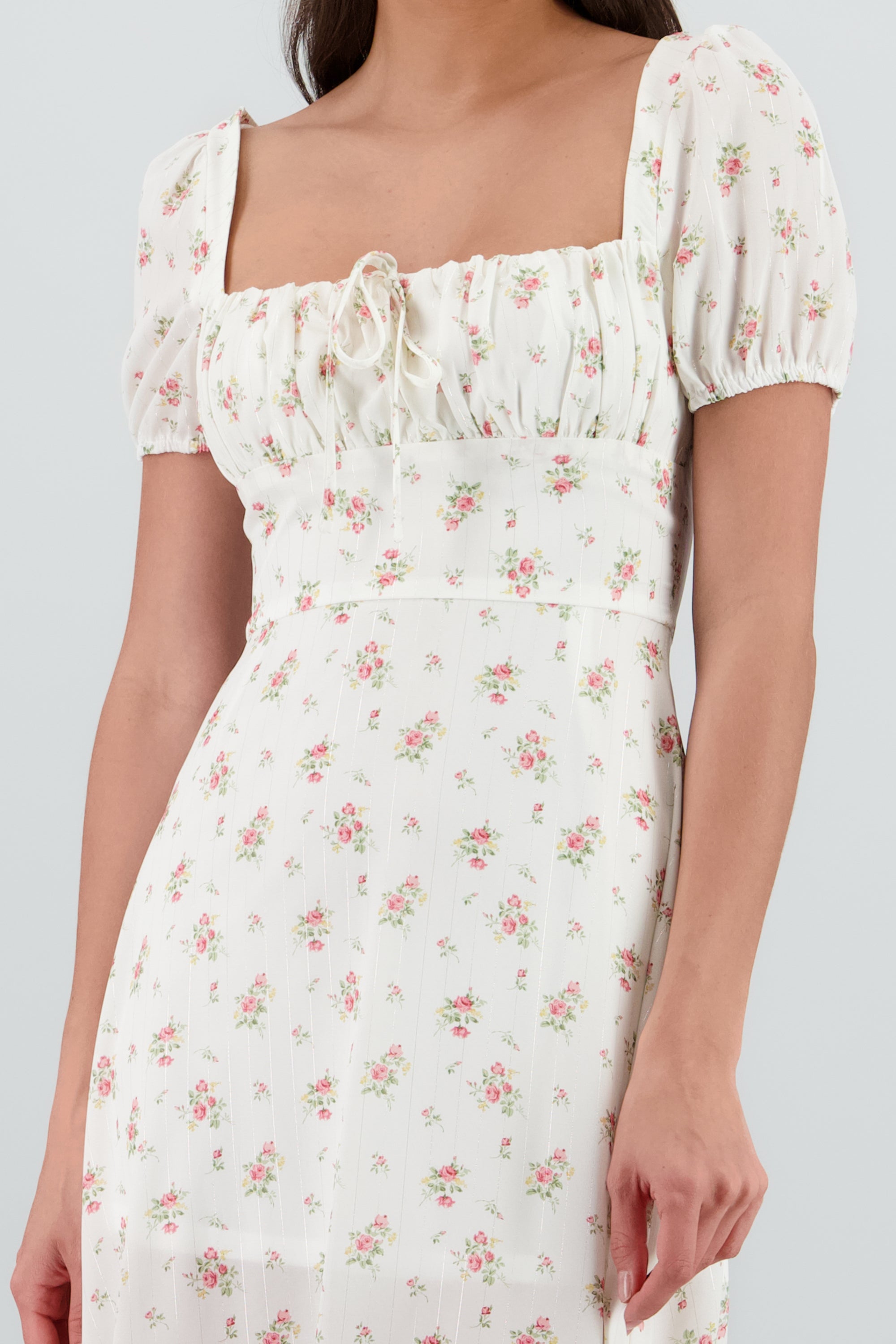 Vestido midi lurex y flores ROSA COMBO
