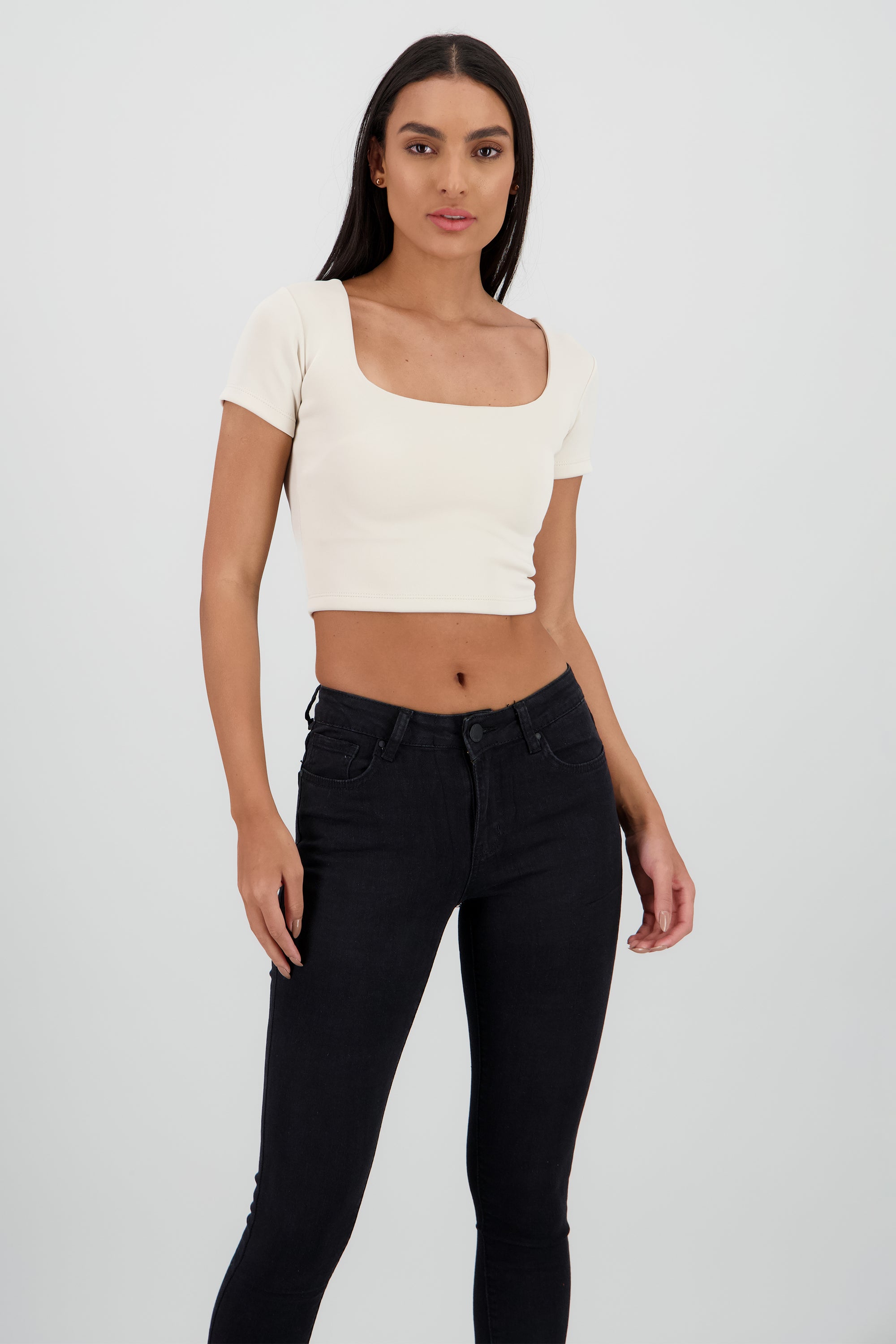 Top corto escote cuadrado doble tela BEIGE