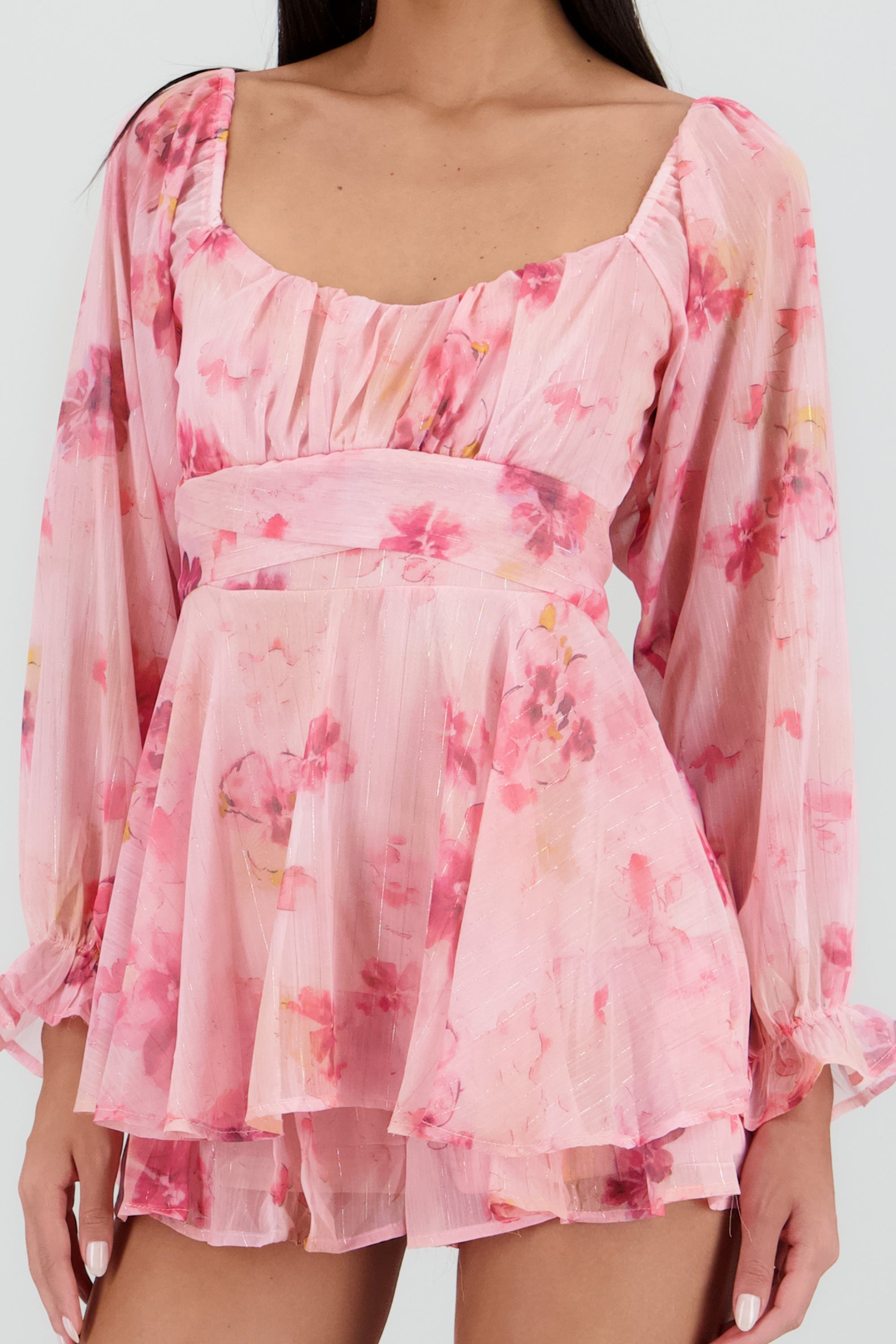 Vestido de flores manga larga con olanes ROSA COMBO
