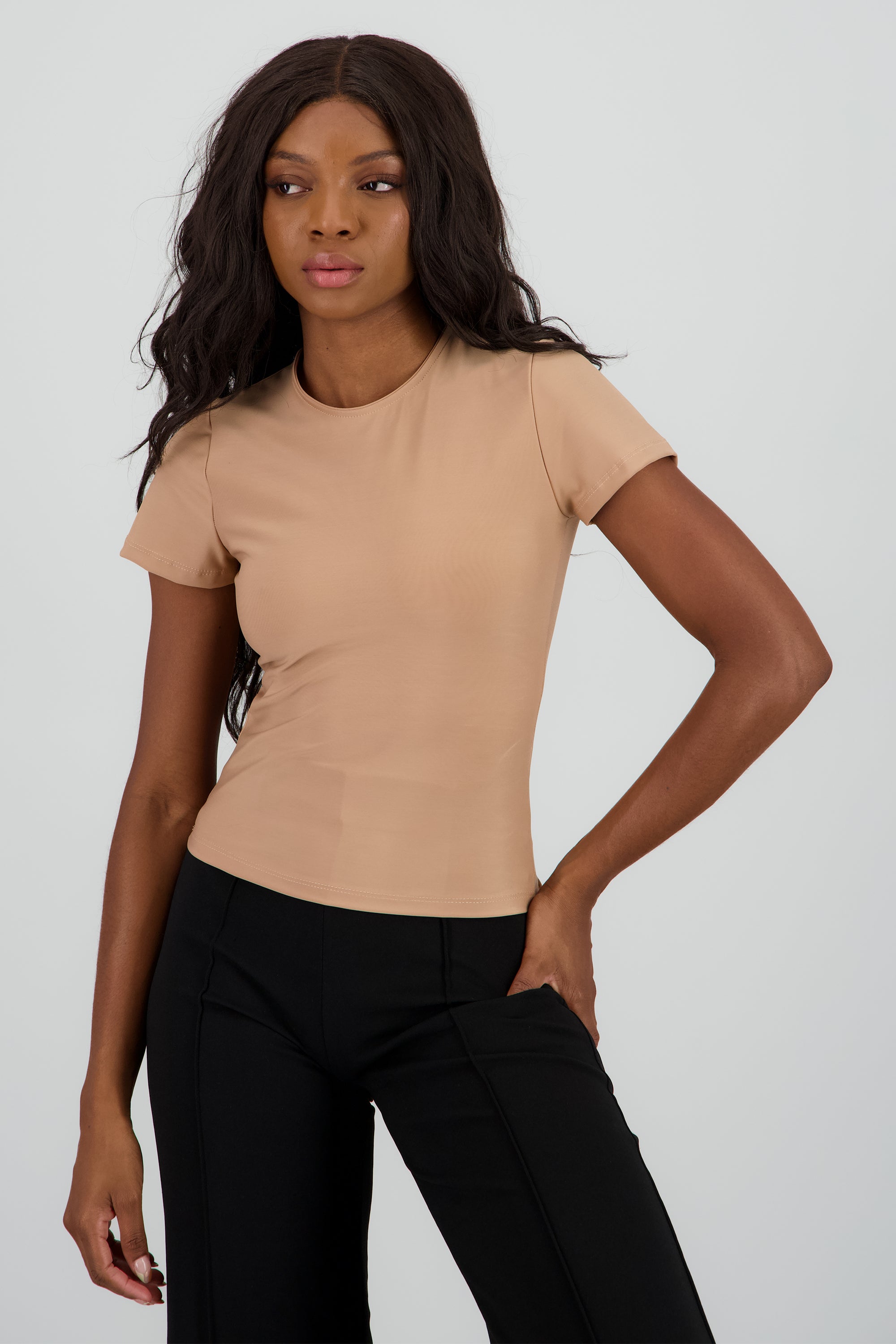 Top manga corta largo suave liso TAUPE