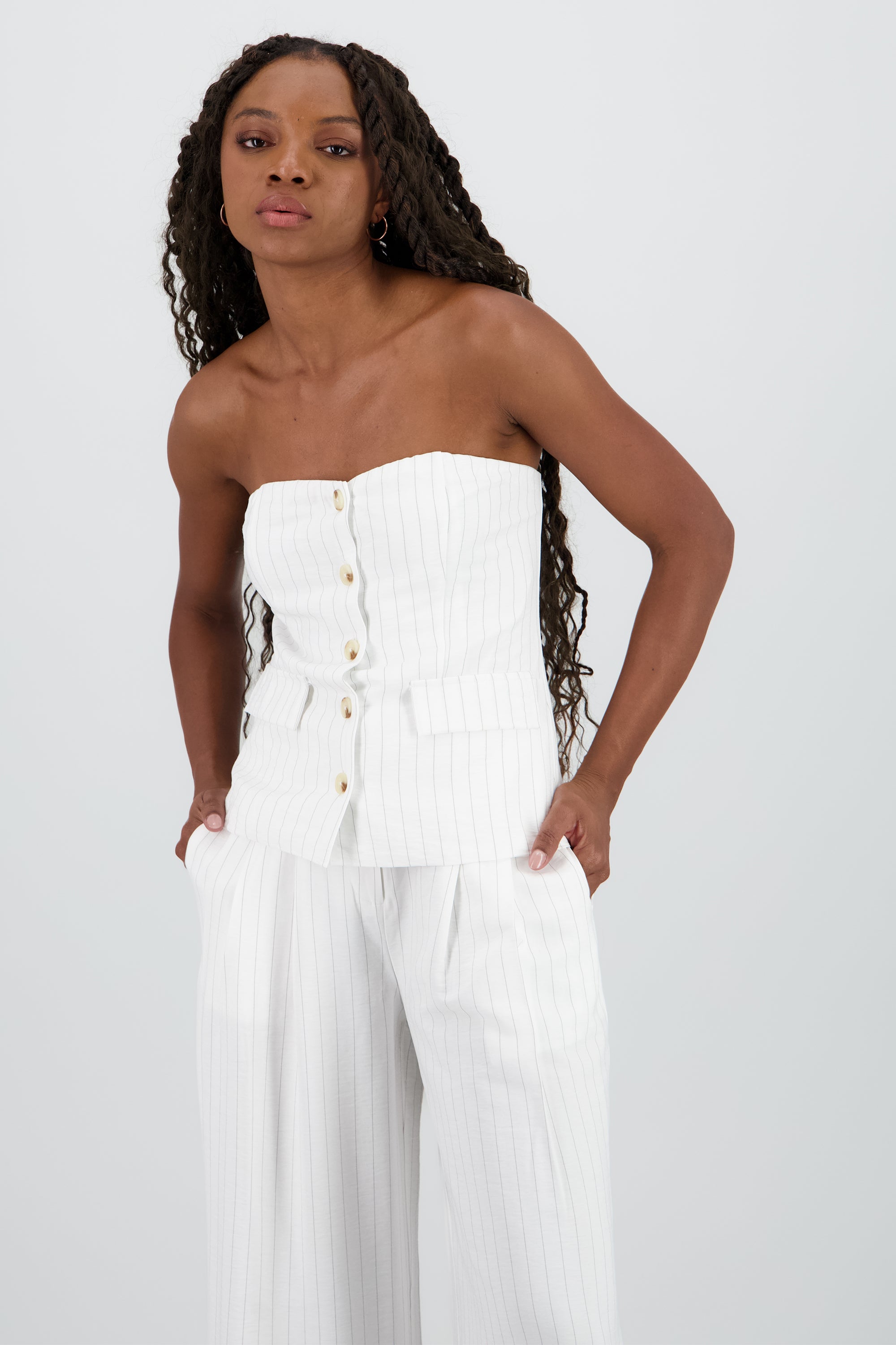 Top strapless rayas botones BLANCO COMBO
