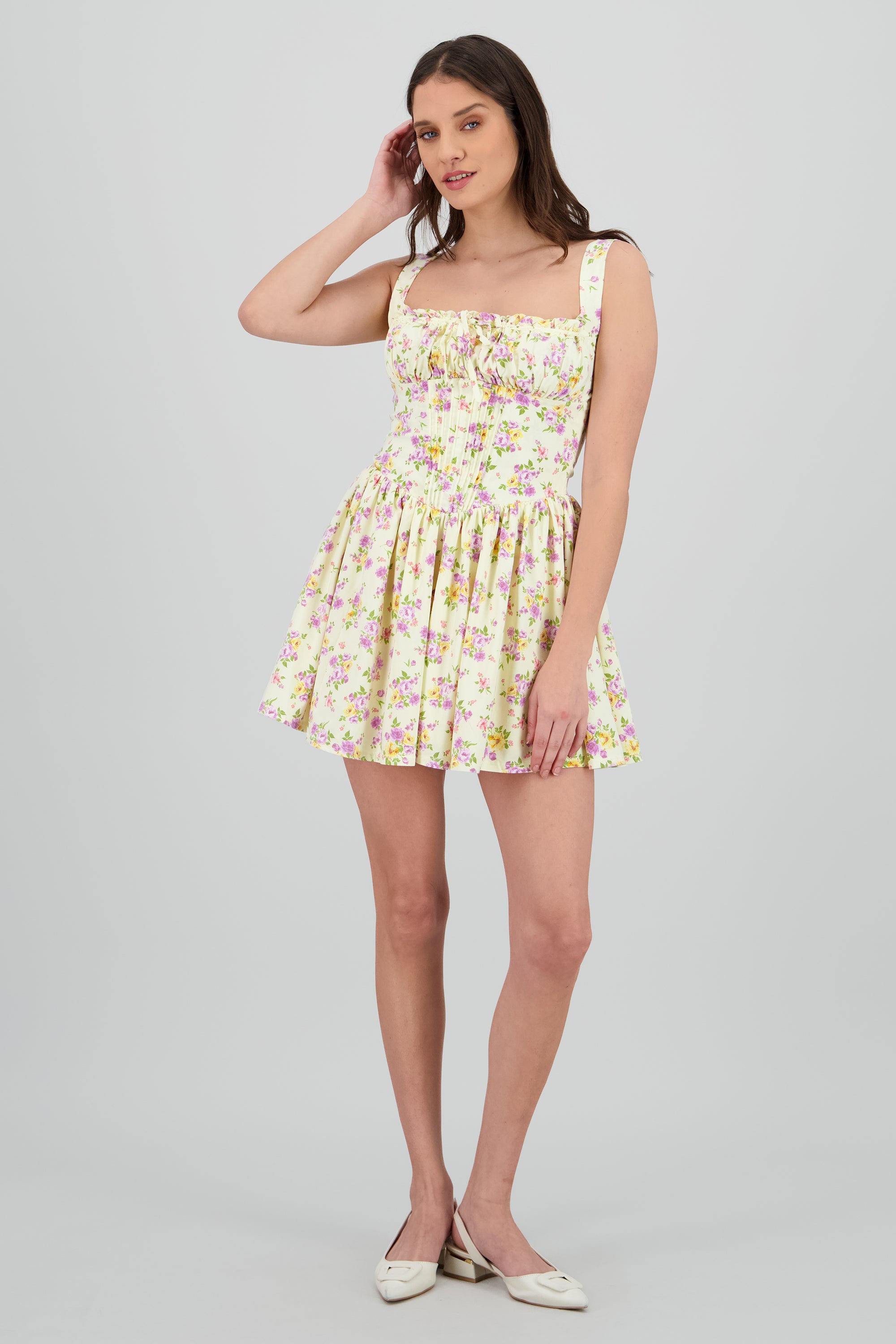 Vestido mini escote plisado flores AMARILLO COMBO