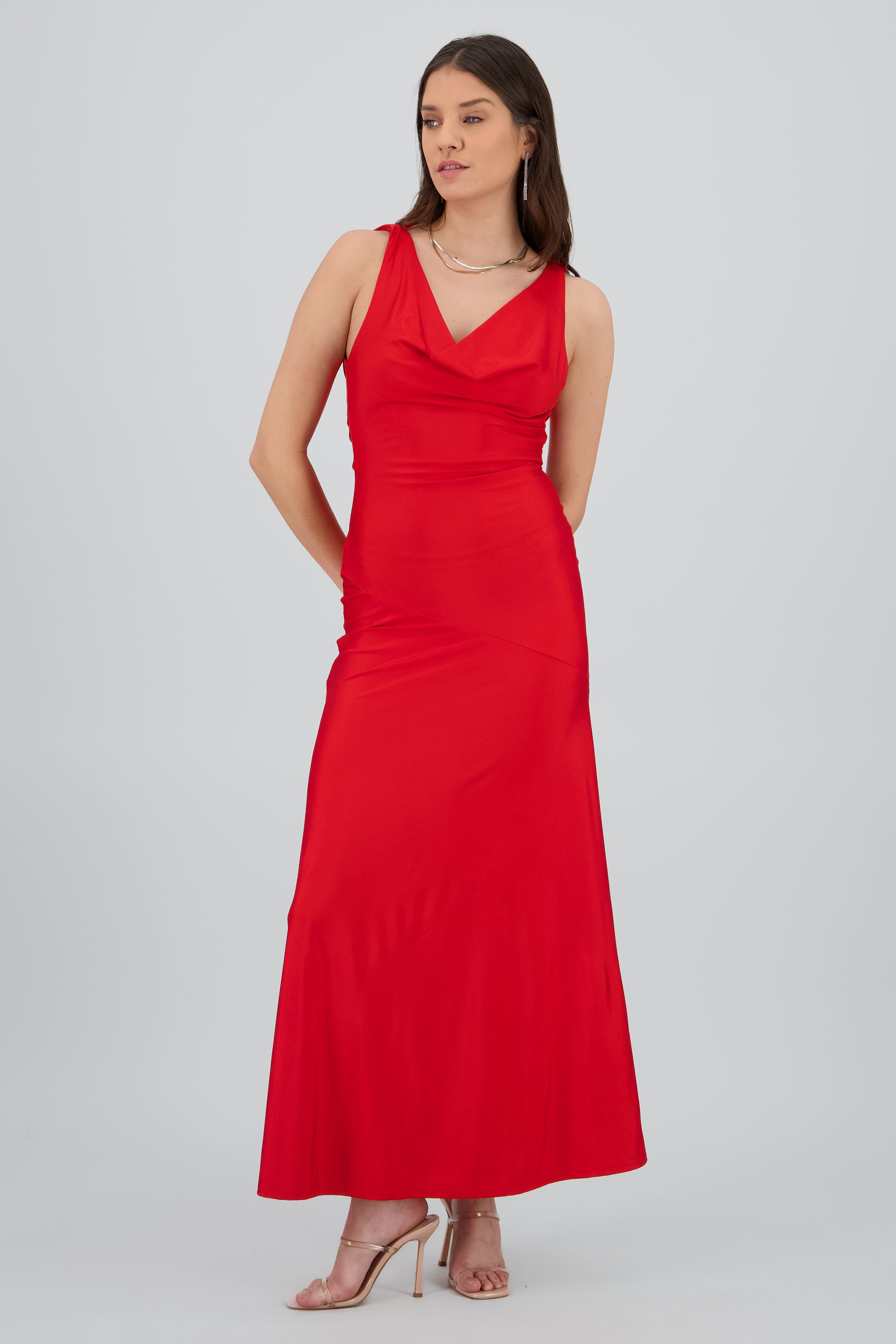 Vestido cuello cascada con detalle de espalda ROJO