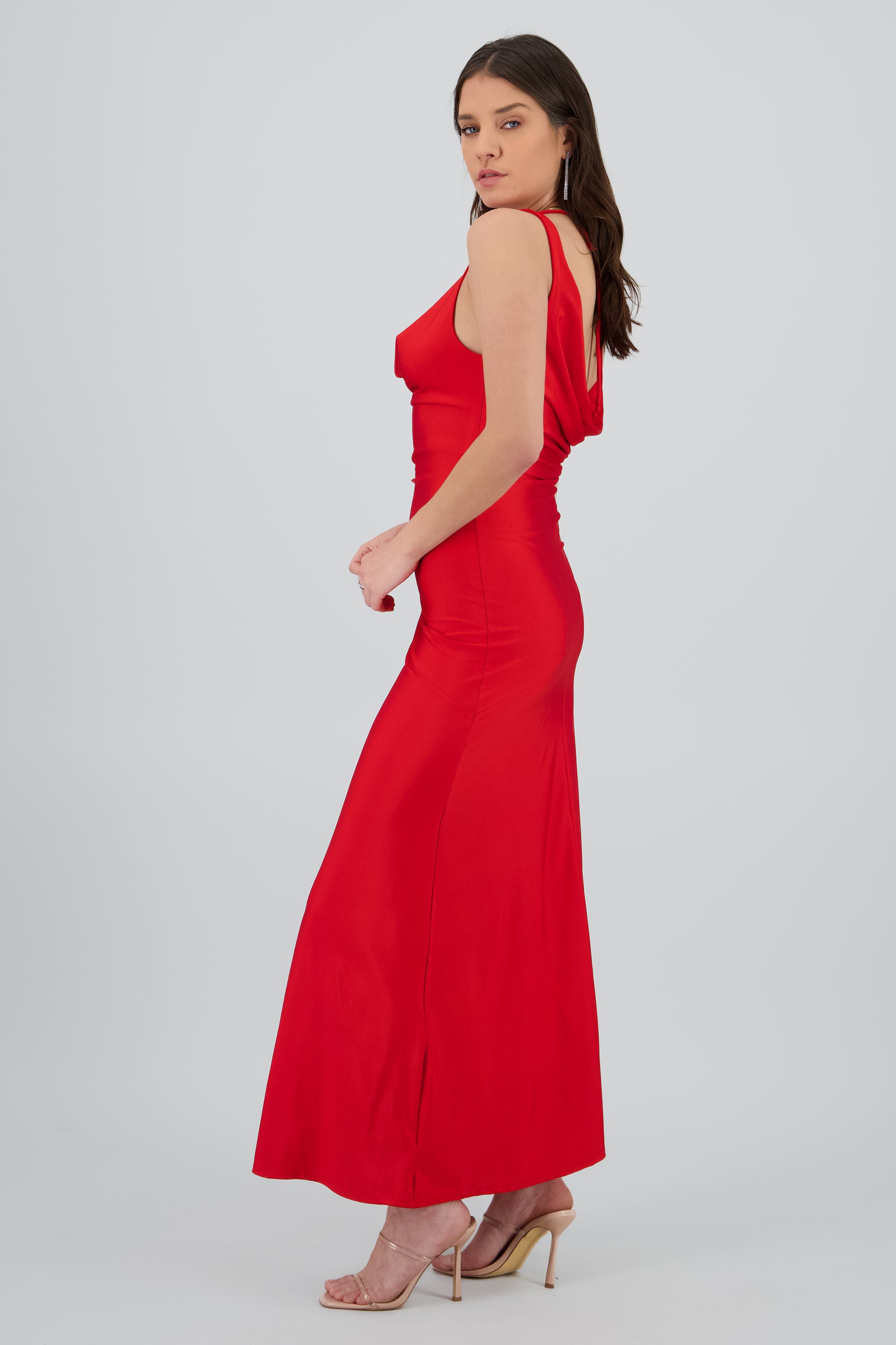 Vestido cuello cascada con detalle de espalda ROJO