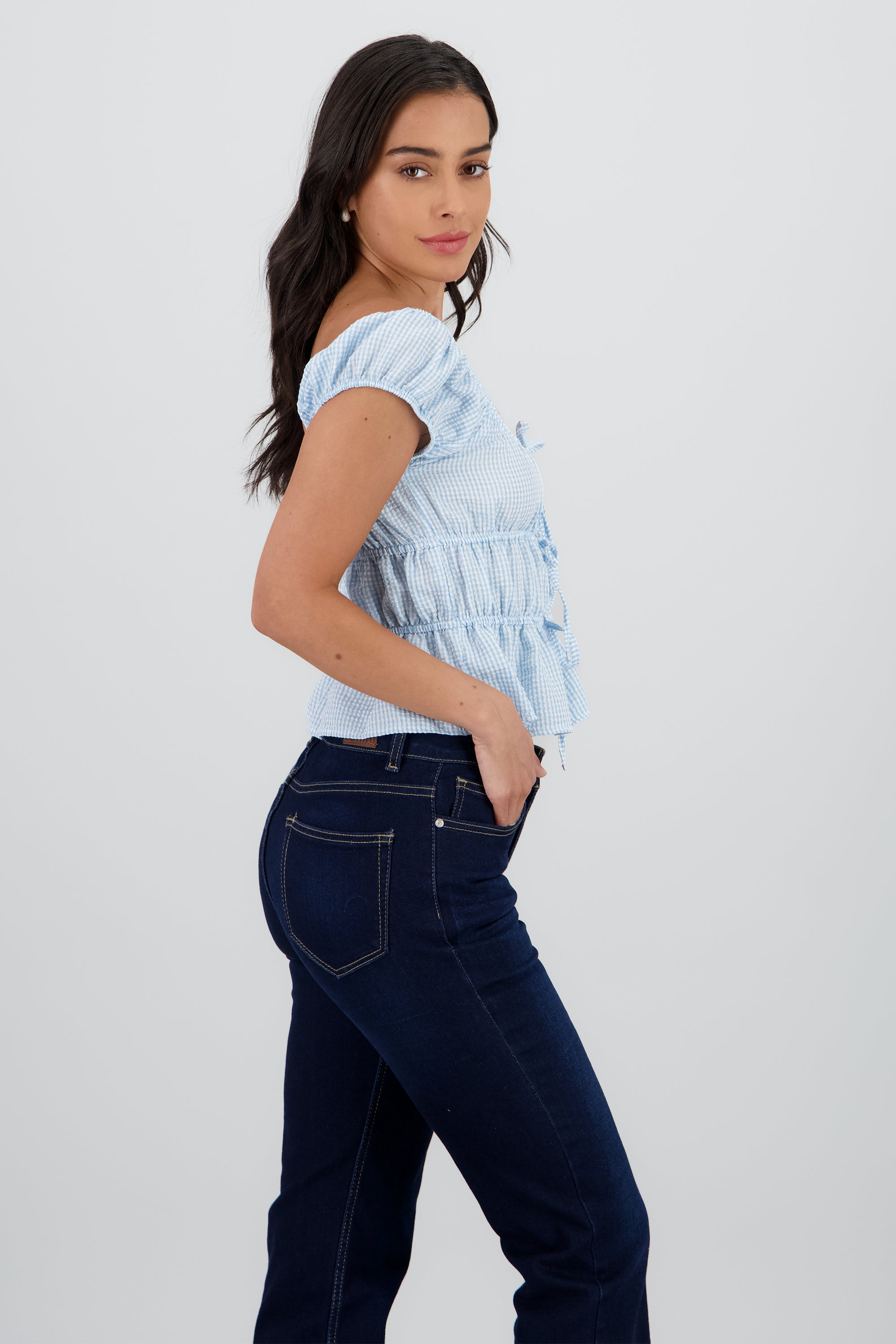 Blusa manga corta cuadros detalle moños AZUL PASTEL