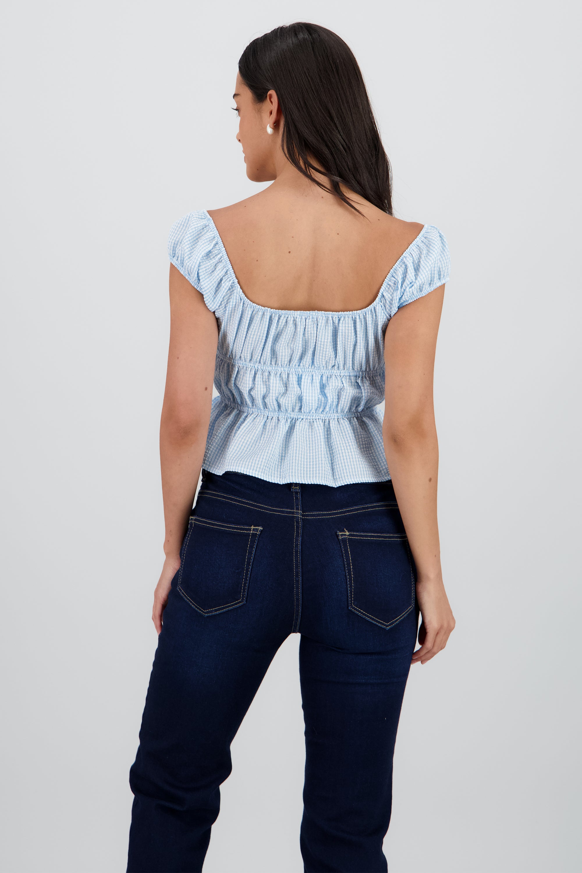 Blusa manga corta cuadros detalle moños AZUL PASTEL