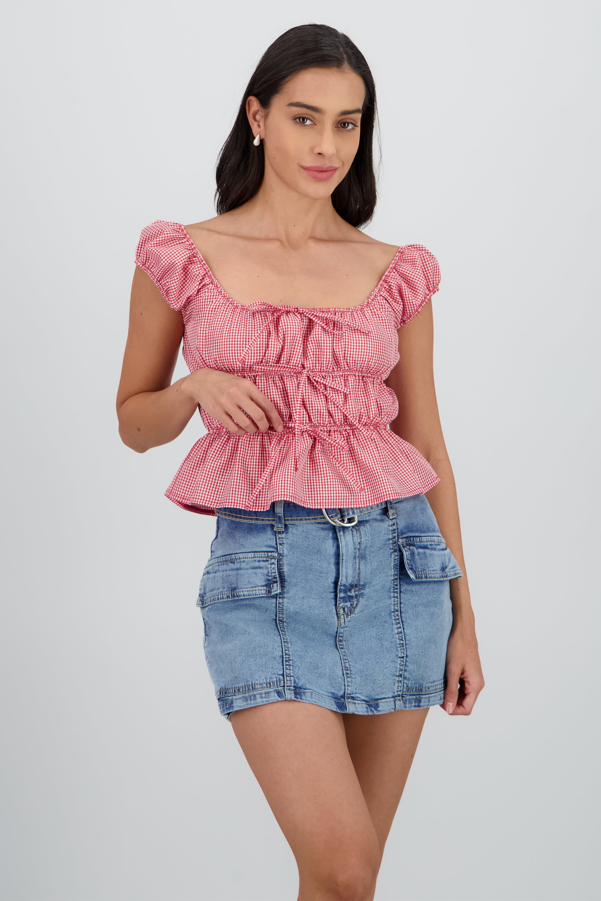 Blusa manga corta cuadros detalle moños ROJO COMBO