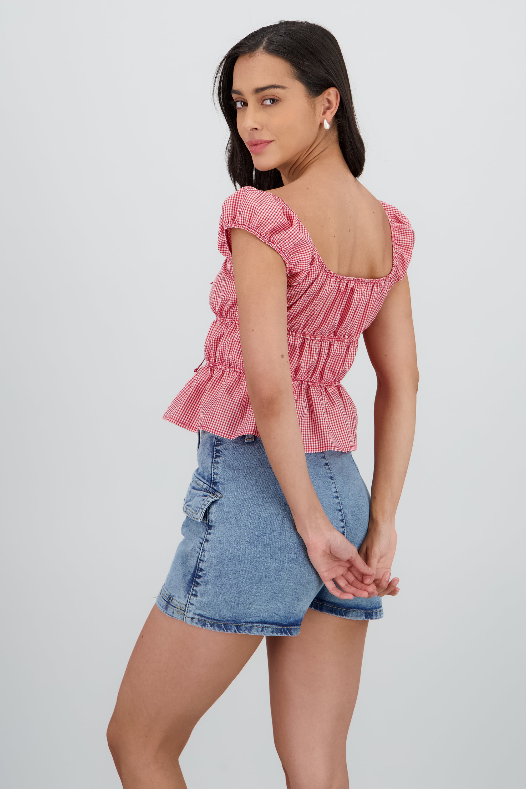 Blusa manga corta cuadros detalle moños ROJO COMBO