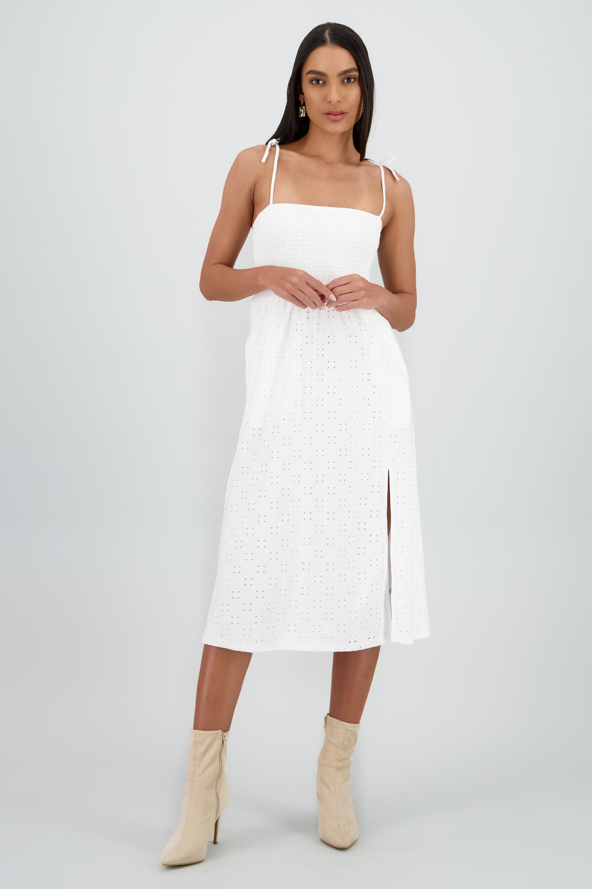 Vestido midi con smock BLANCO