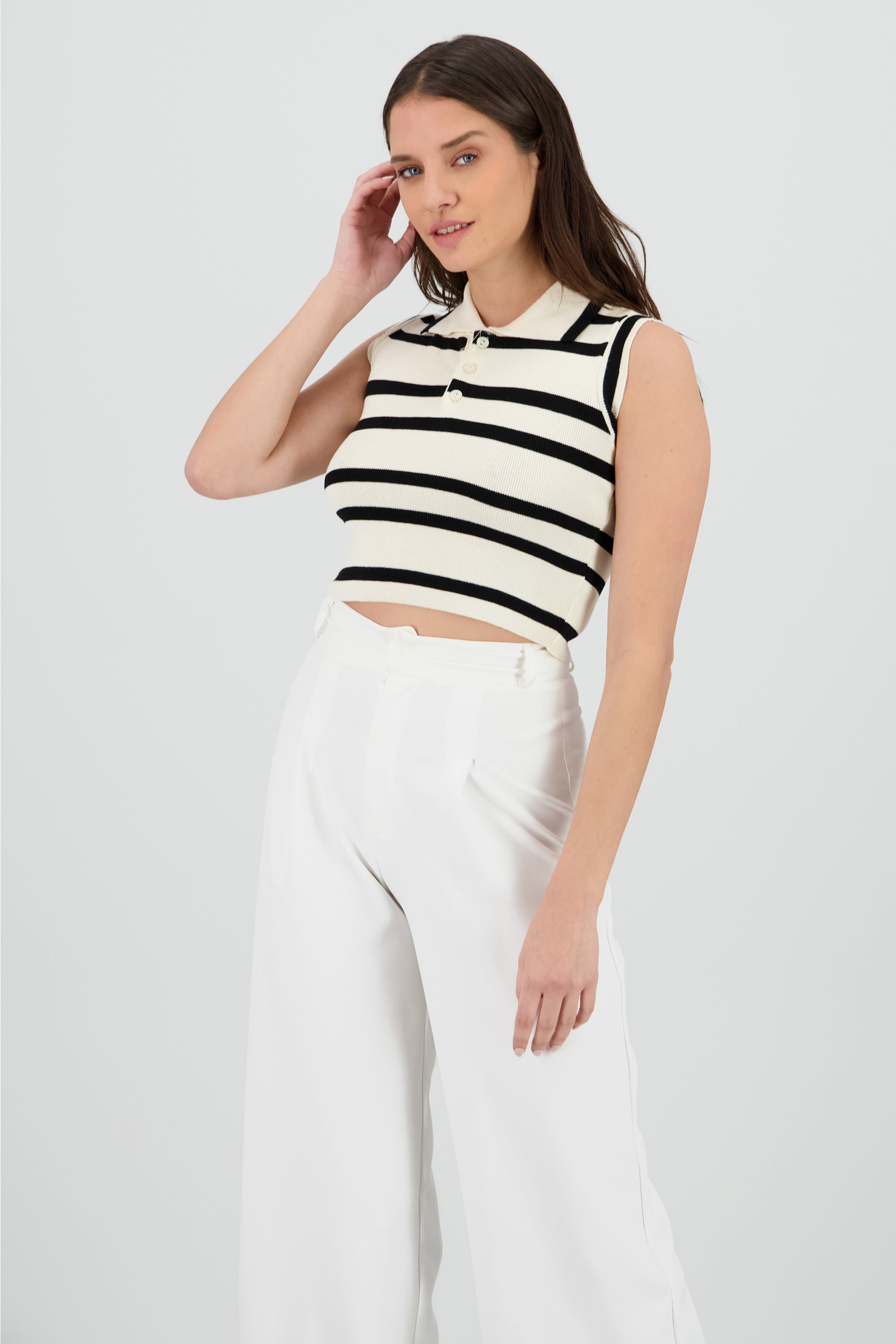 Top polo rayas tejido ligero HUESO COMBO
