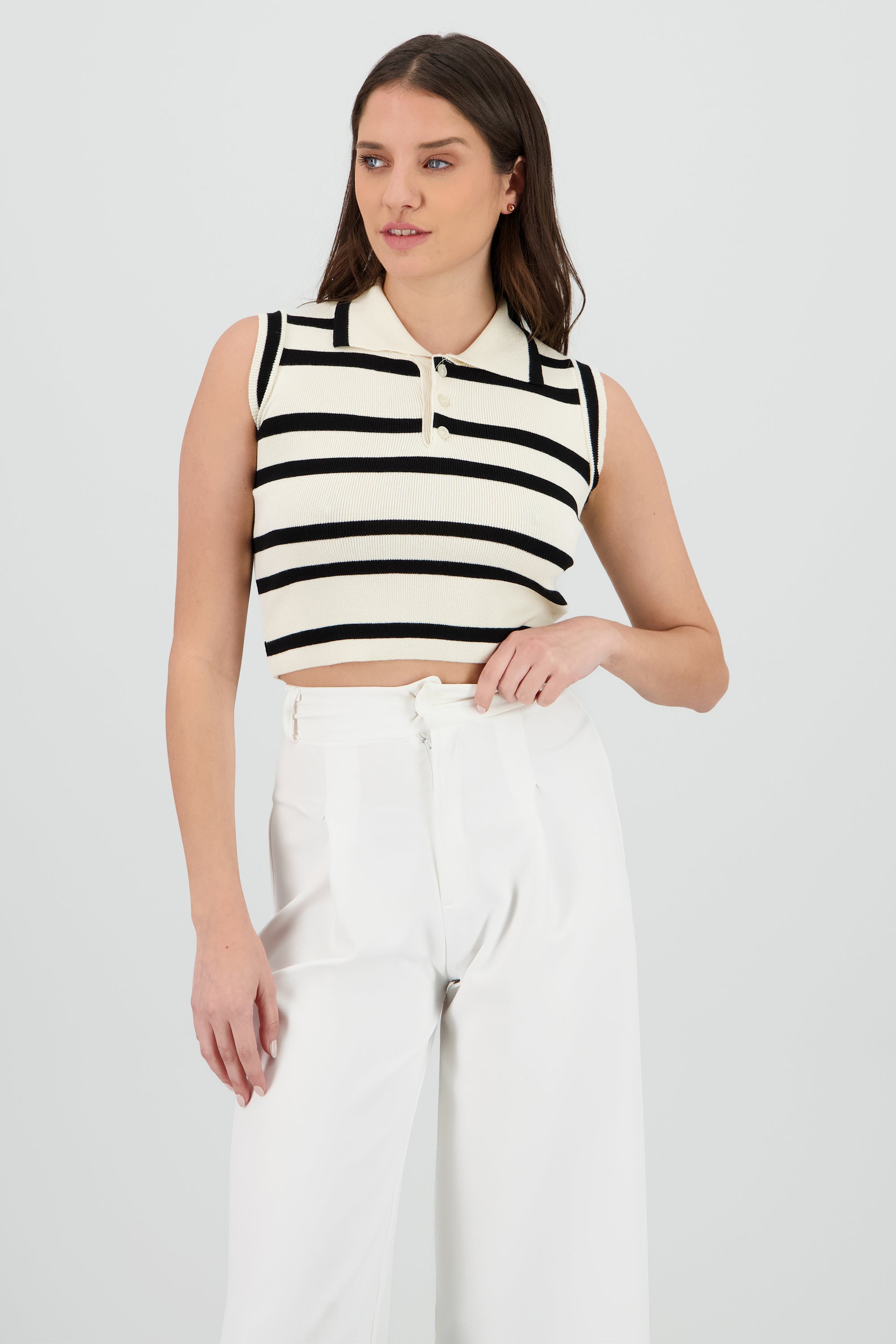 Top polo rayas tejido ligero HUESO COMBO