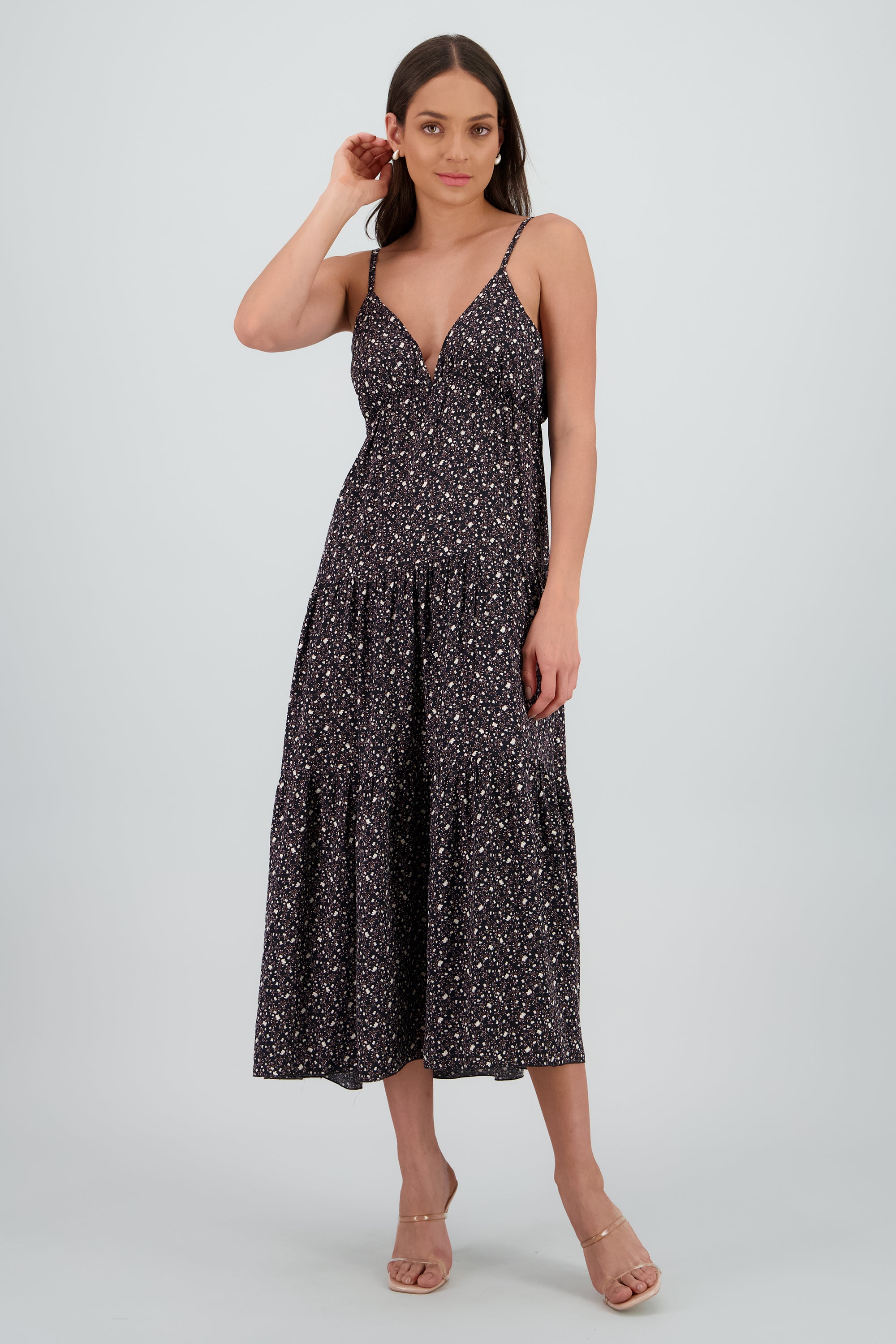 Maxi vestido estampado mini flores NEGRO COMBO