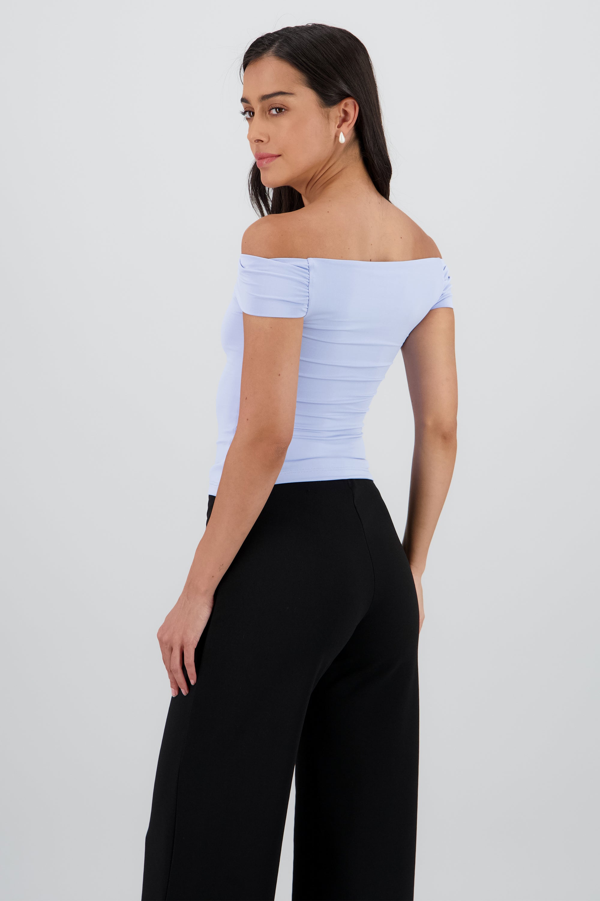Top off shoulder caida cascada liso AZUL PASTEL