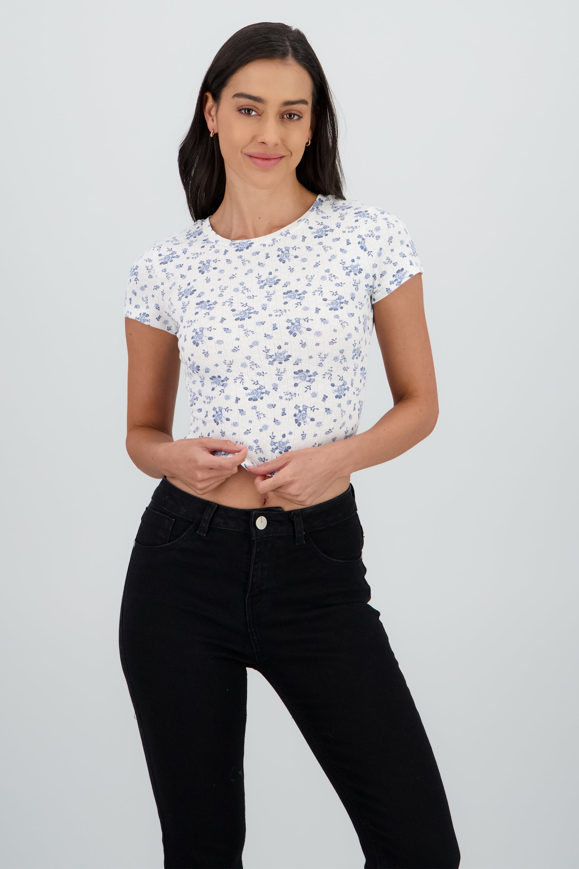 Top manga corta tela pointelle estampado AZUL COMBO