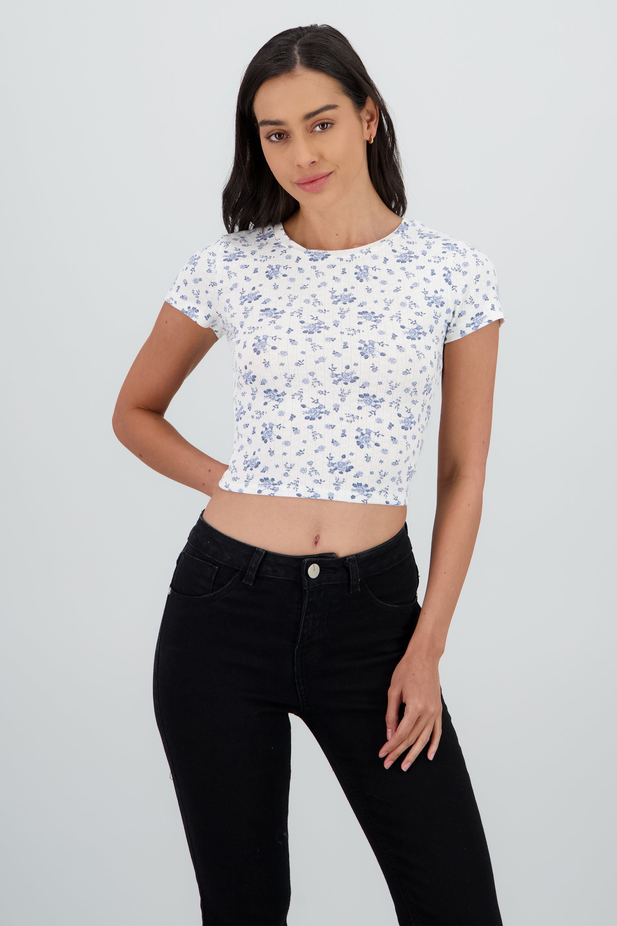 Top manga corta tela pointelle estampado AZUL COMBO