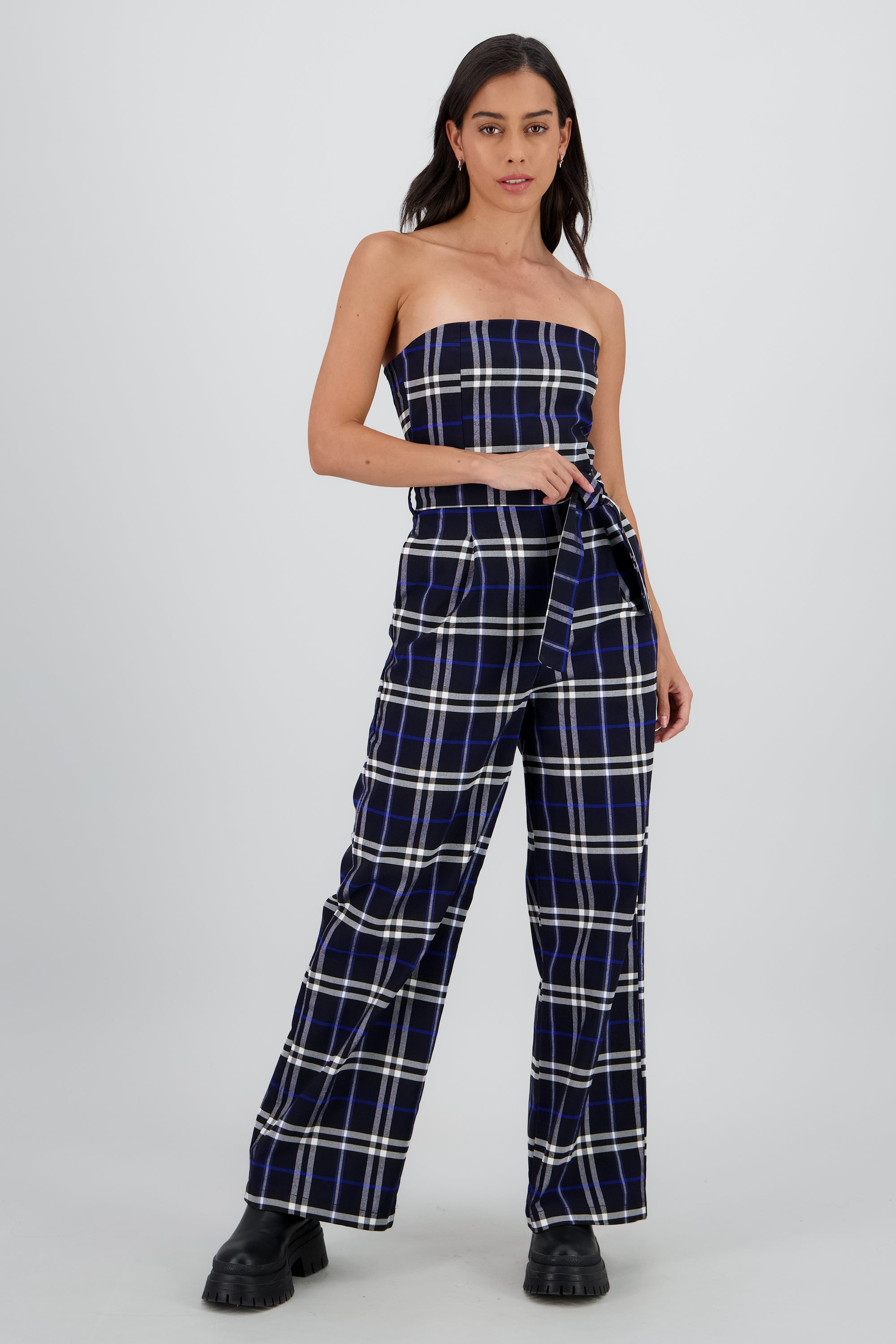 Jumpsuit strapless detalle cinturón cuadros AZUL REY COMBO