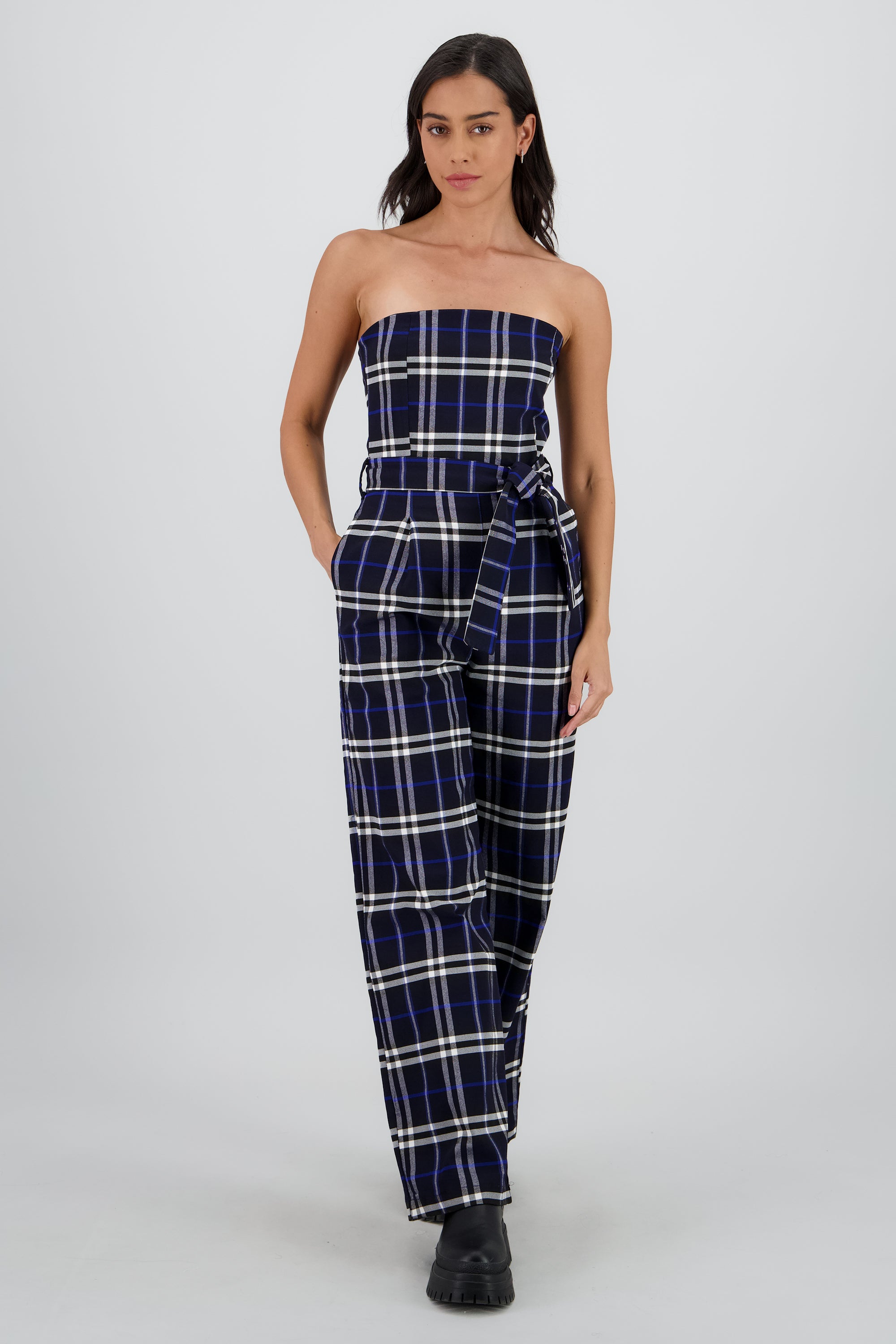 Jumpsuit strapless detalle cinturón cuadros AZUL REY COMBO