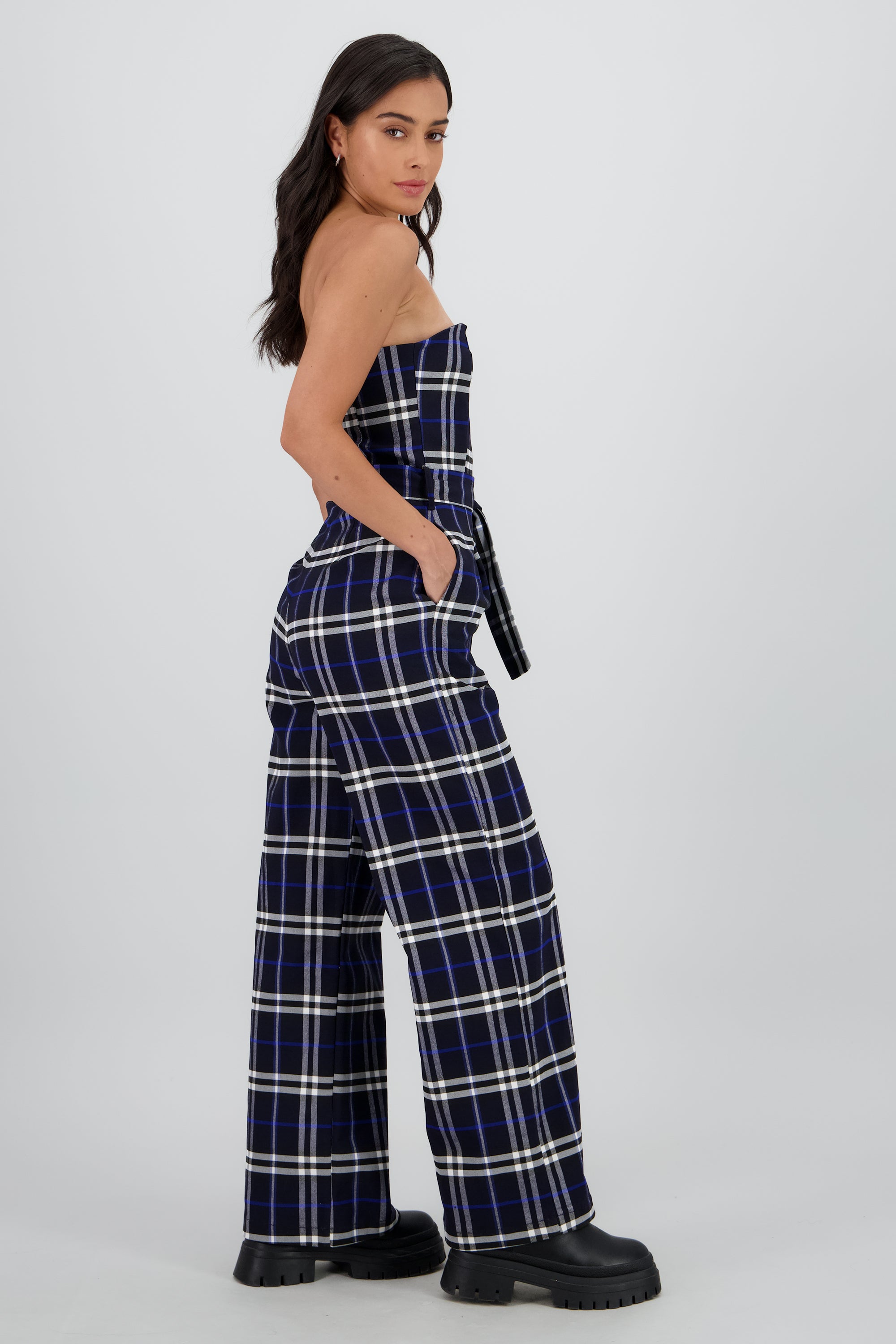 Jumpsuit strapless detalle cinturón cuadros AZUL REY COMBO