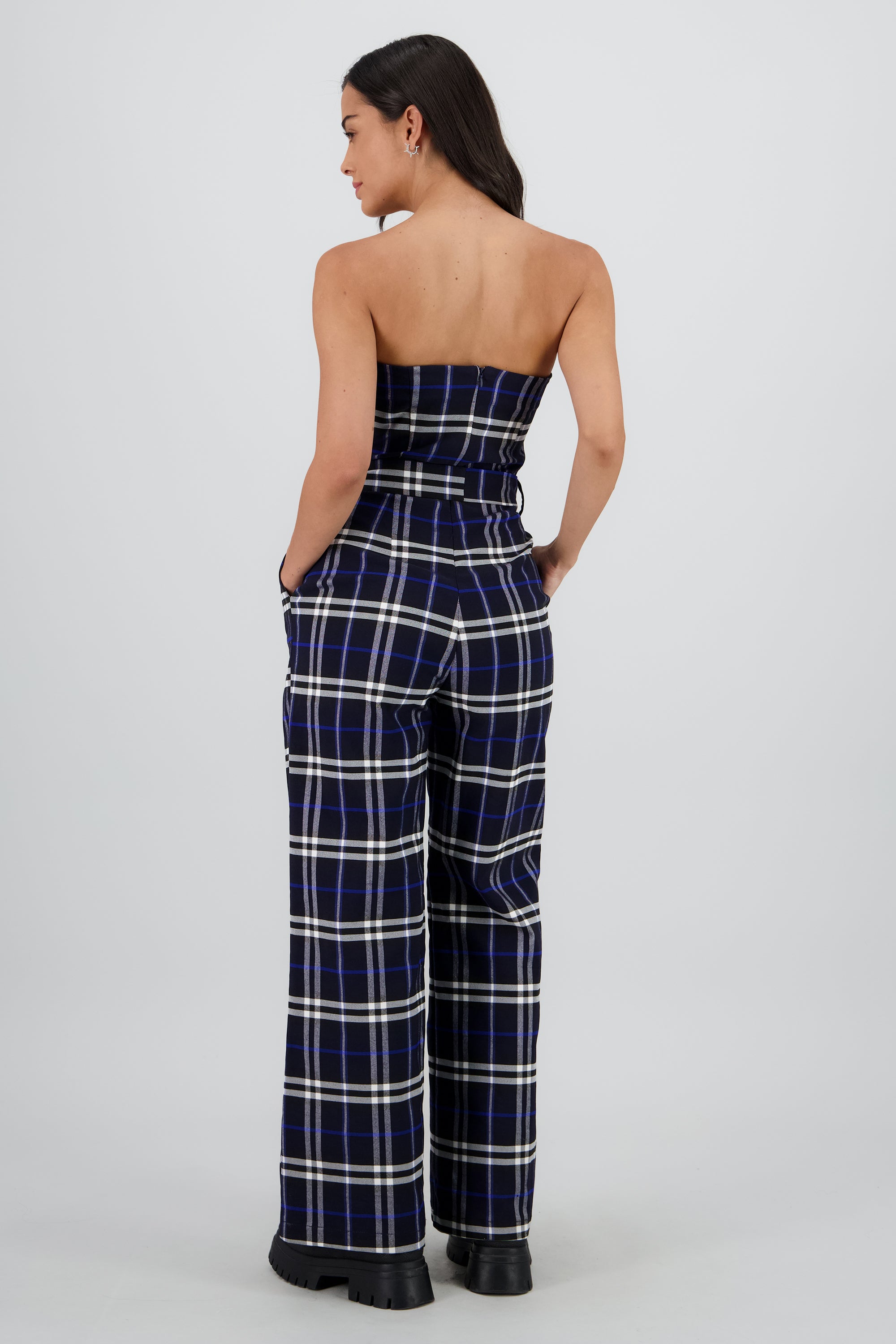 Jumpsuit strapless detalle cinturón cuadros AZUL REY COMBO