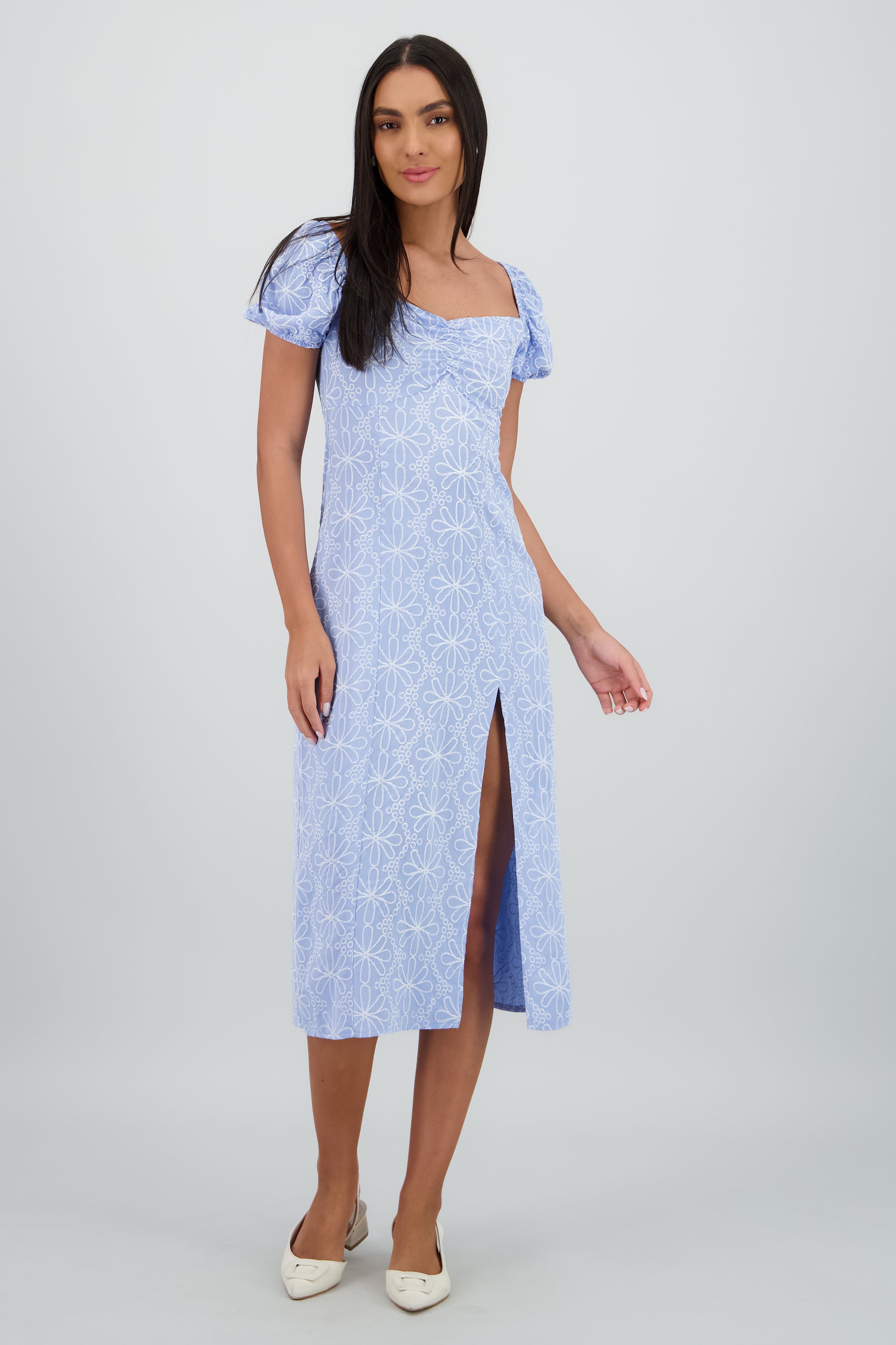 Vestido midi manga abullonada frunces AZUL PASTEL