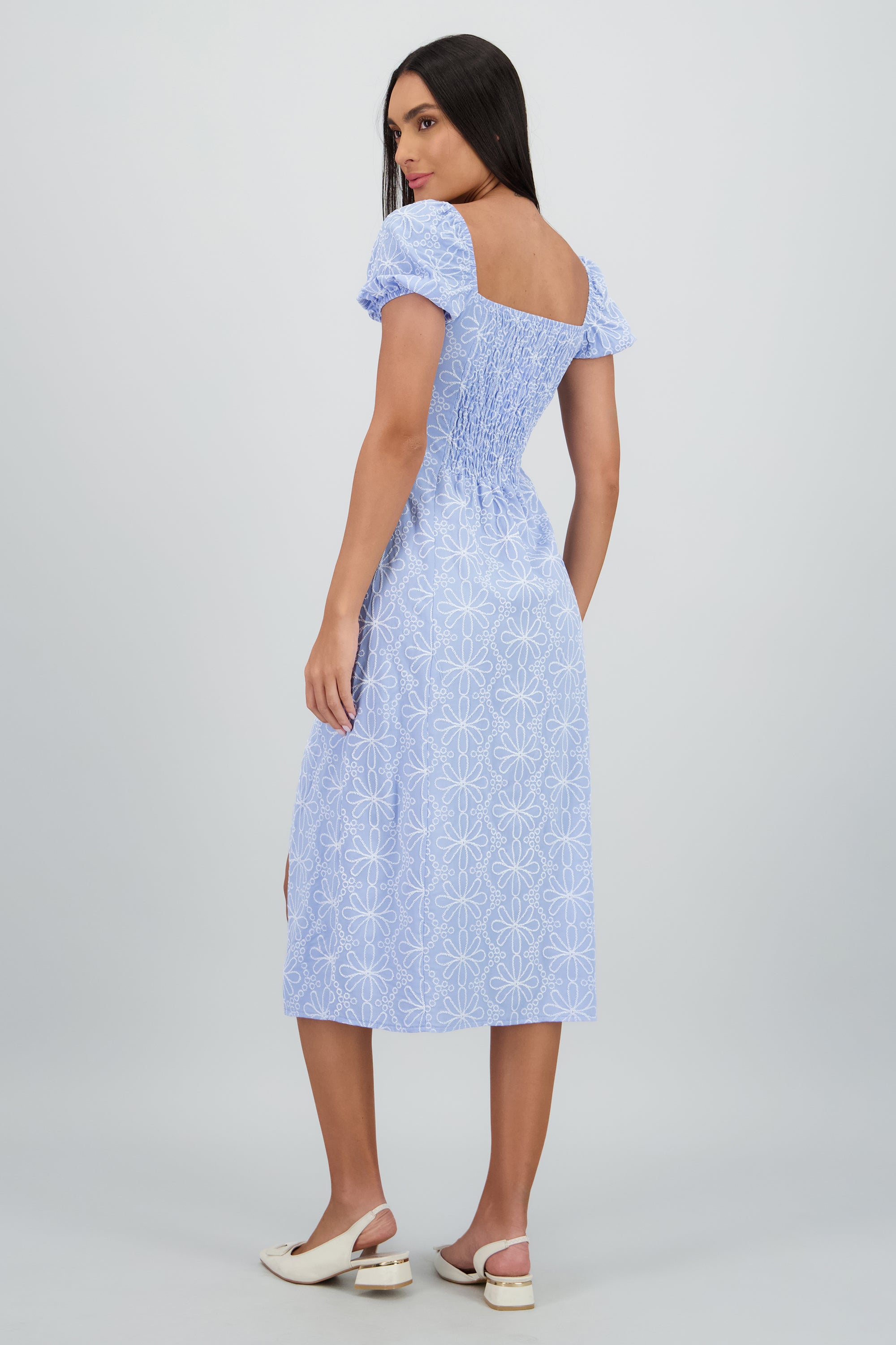 Vestido midi manga abullonada frunces AZUL PASTEL