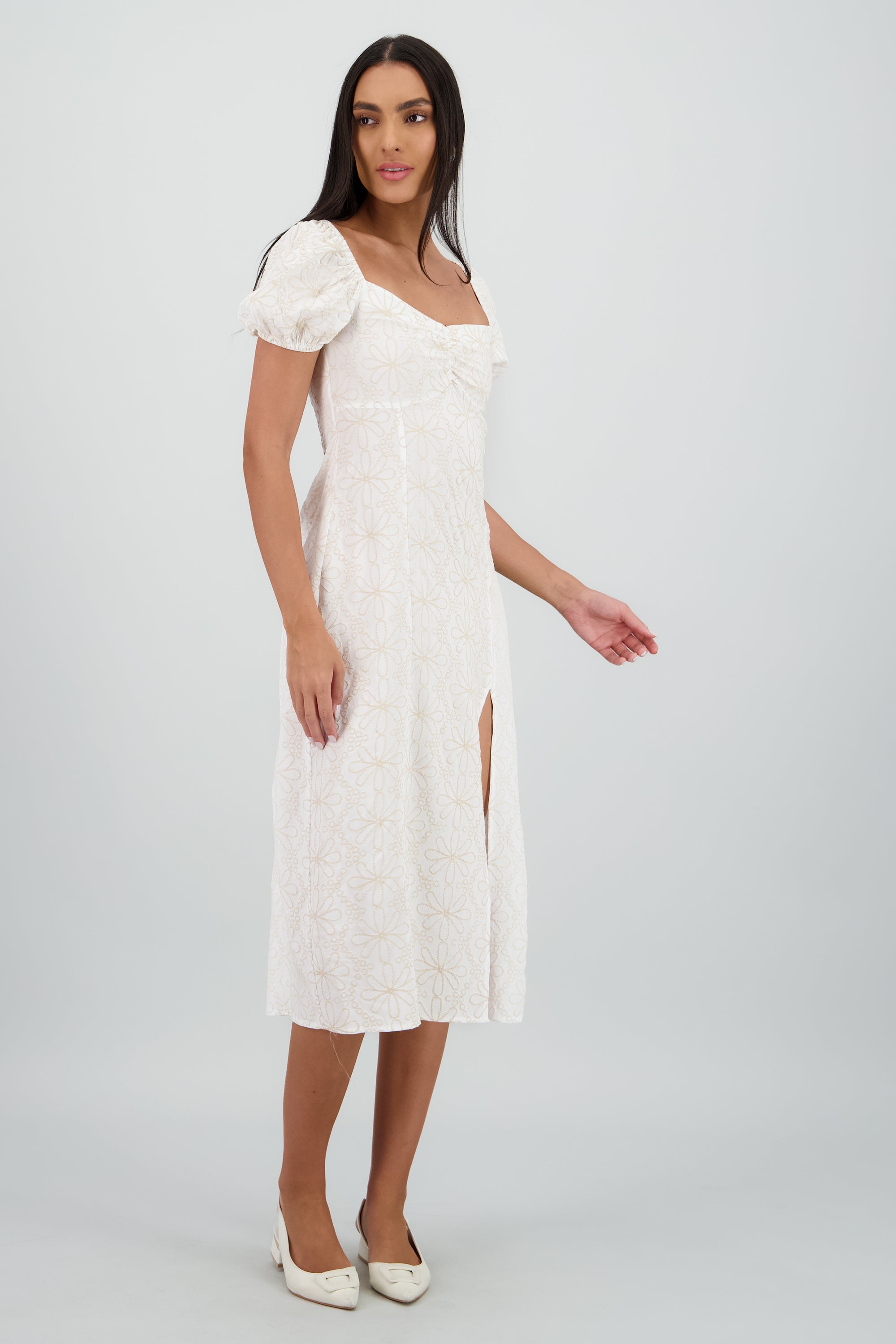 Vestido midi manga abullonada frunces BLANCO COMBO