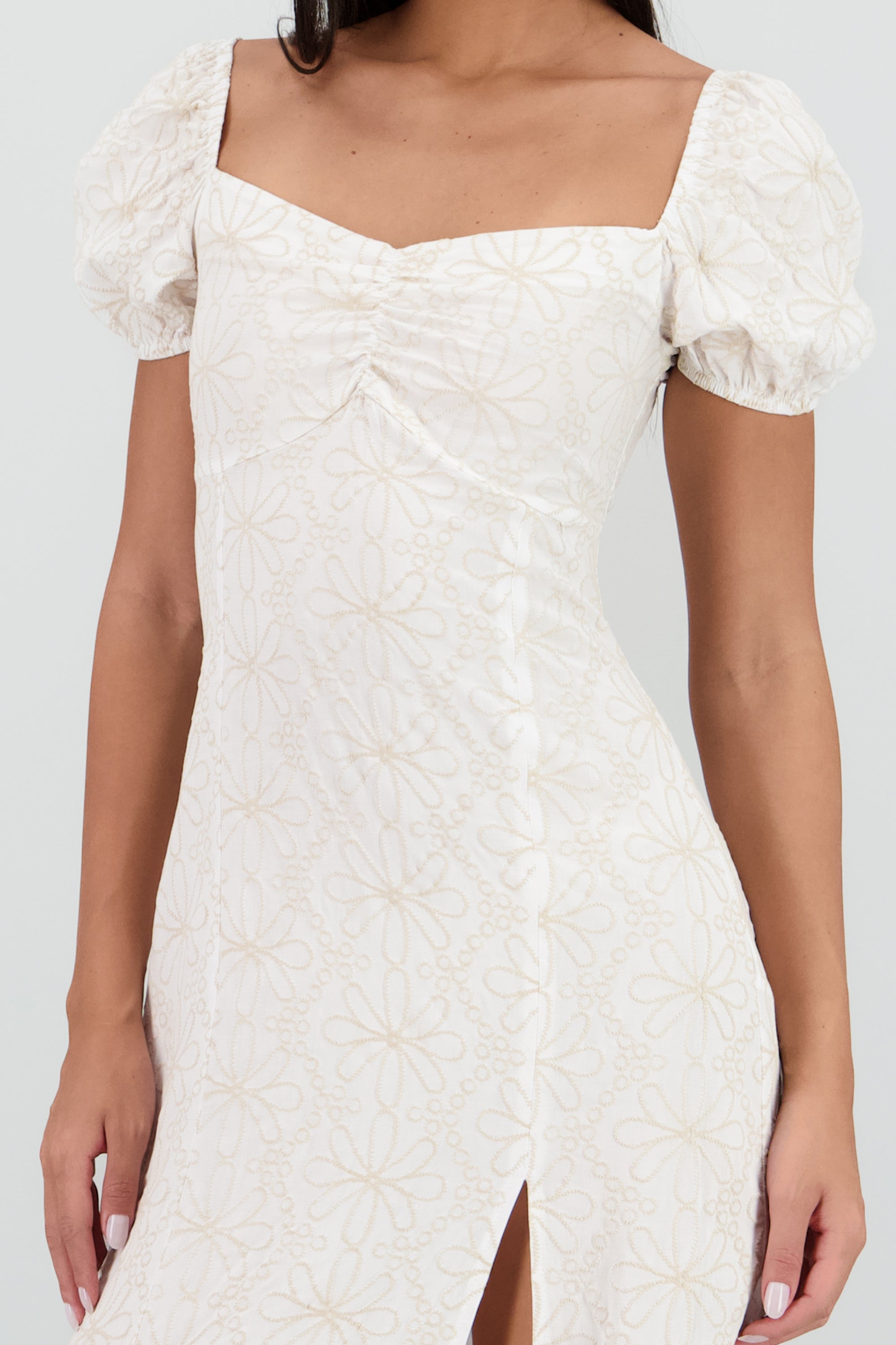 Vestido midi manga abullonada frunces BLANCO COMBO