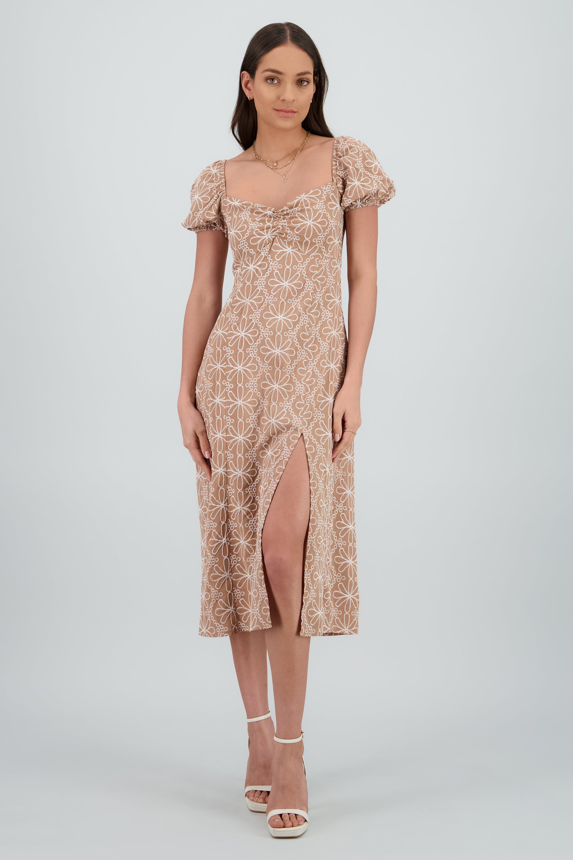 Vestido midi manga abullonada frunces TAUPE