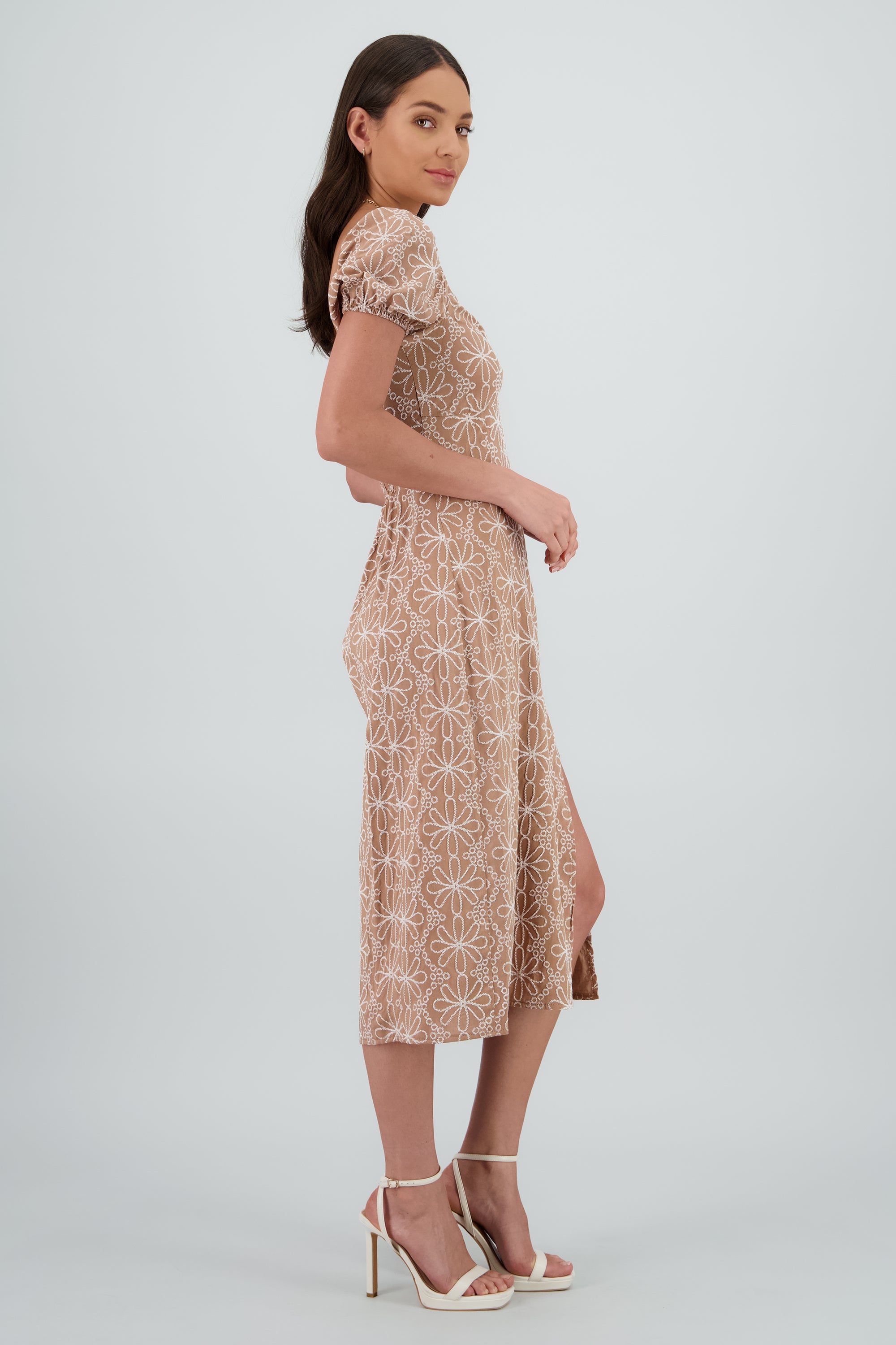 Vestido midi manga abullonada frunces TAUPE