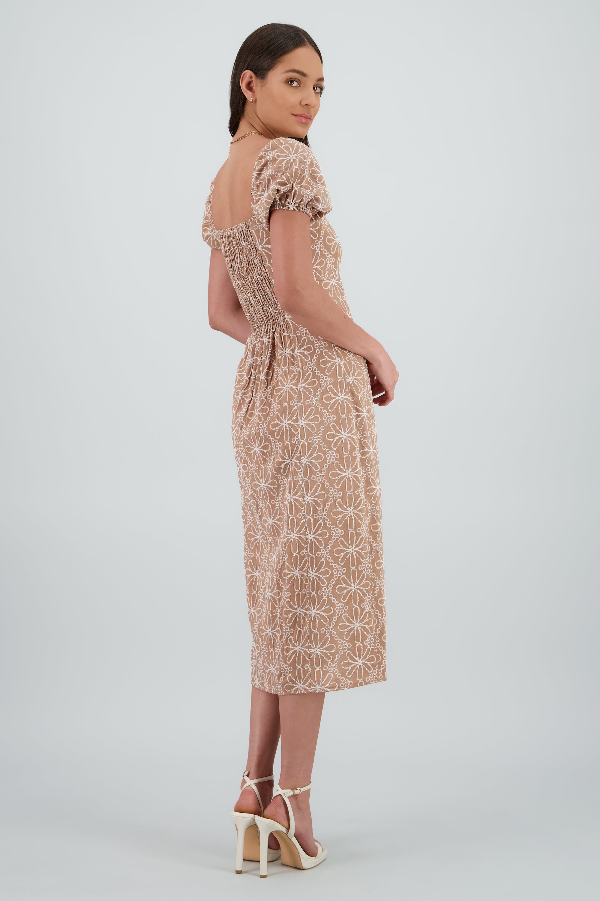 Vestido midi manga abullonada frunces TAUPE