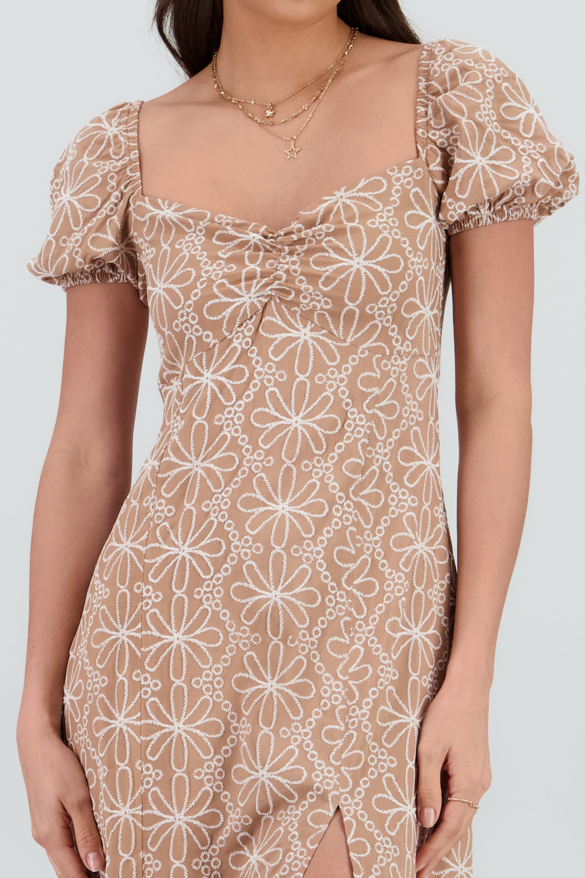 Vestido midi manga abullonada frunces TAUPE