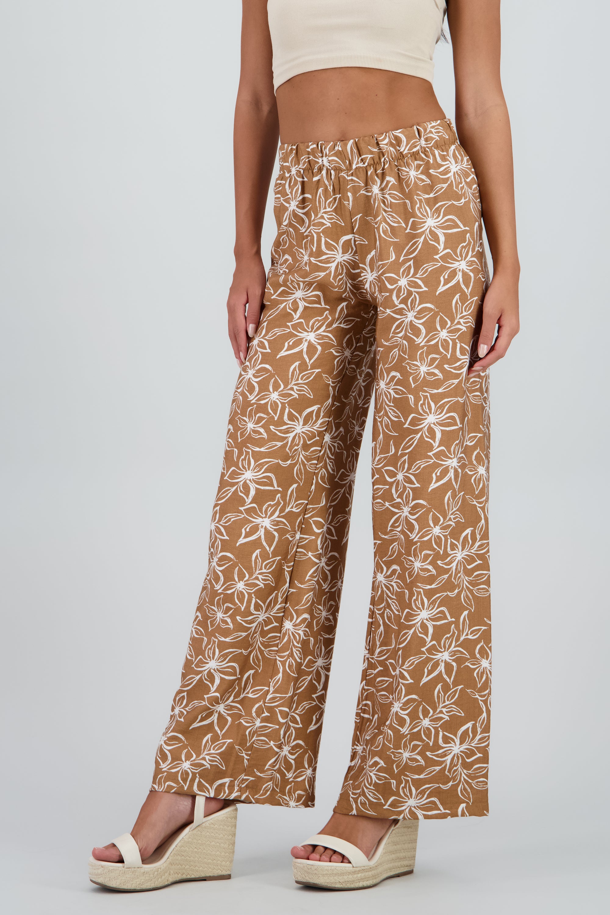 Pantalon wide leg detalle resorte estampado flores CAFE COMBO