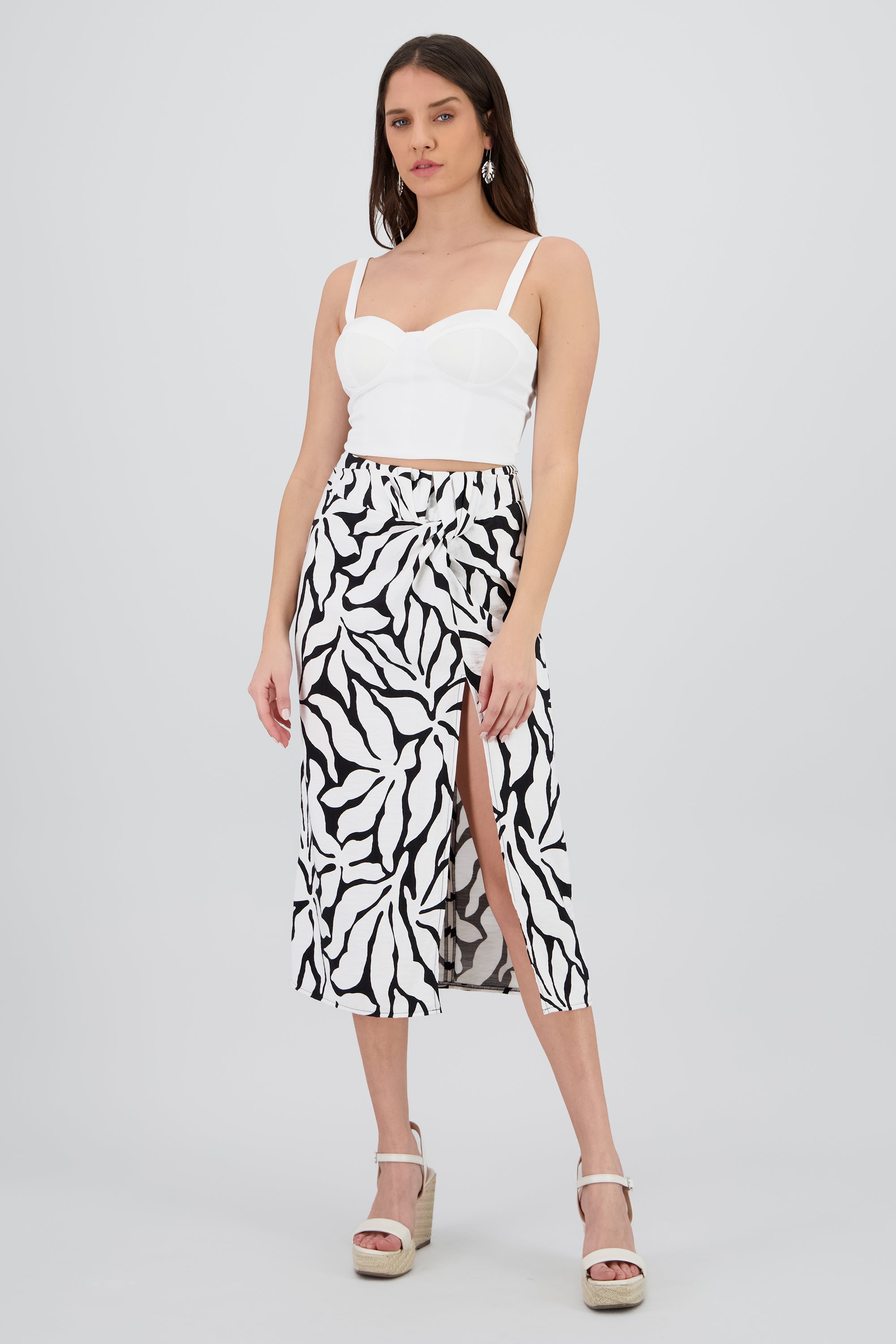 Falda midi detalle abertura estampado BLANCO COMBO