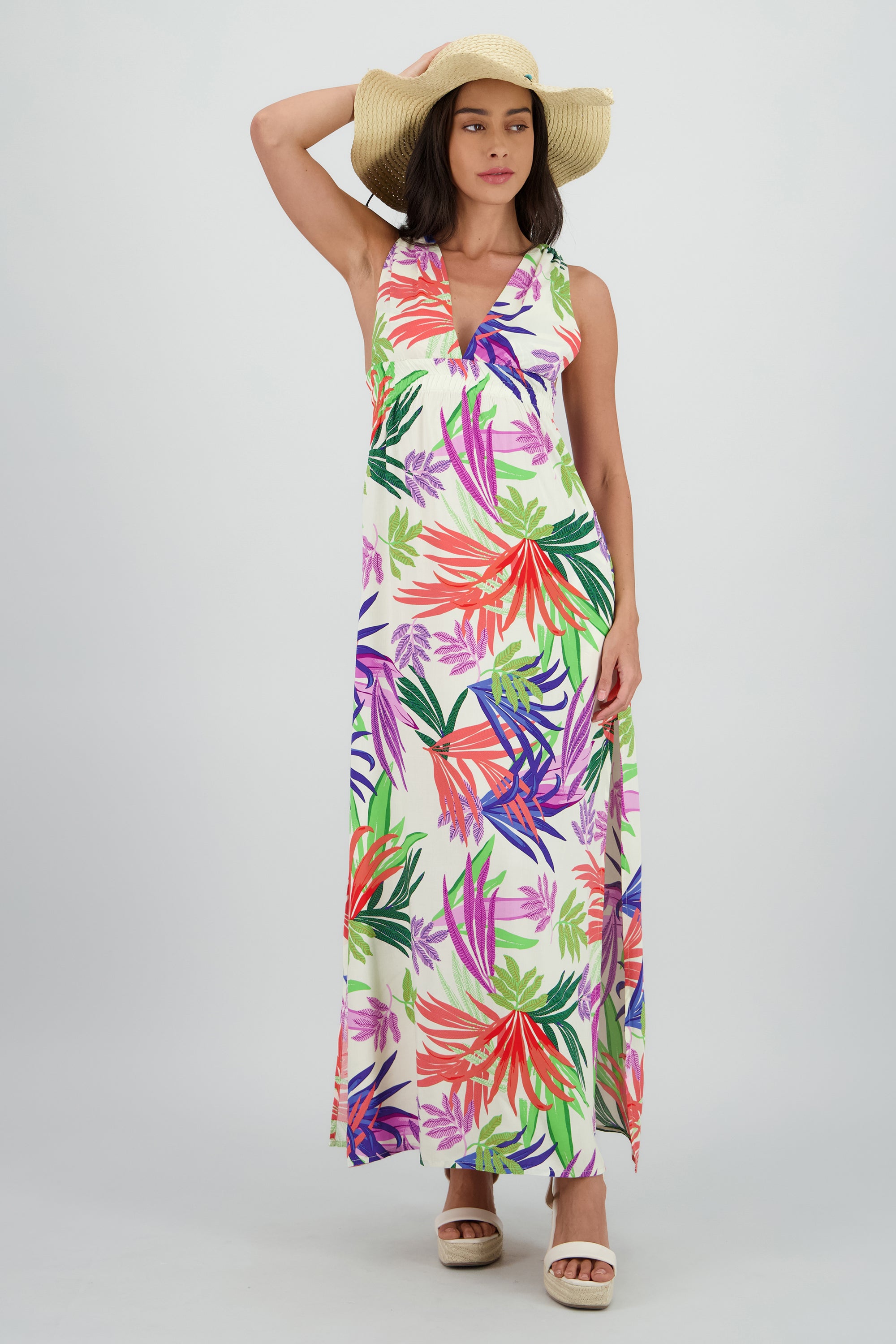 Vestido maxi escote v estampado BLANCO COMBO