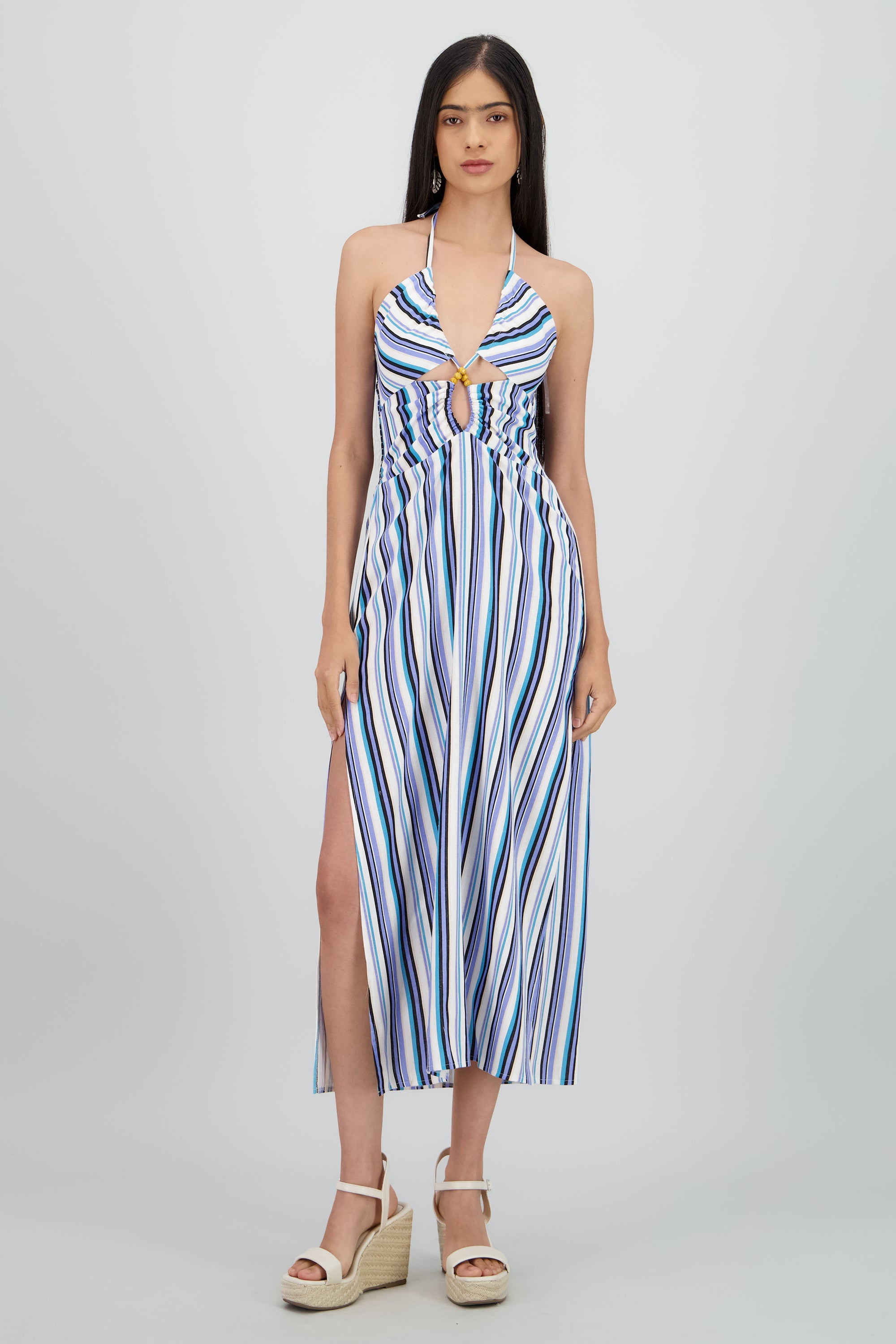Vestido cutout halter lineas AZUL COMBO