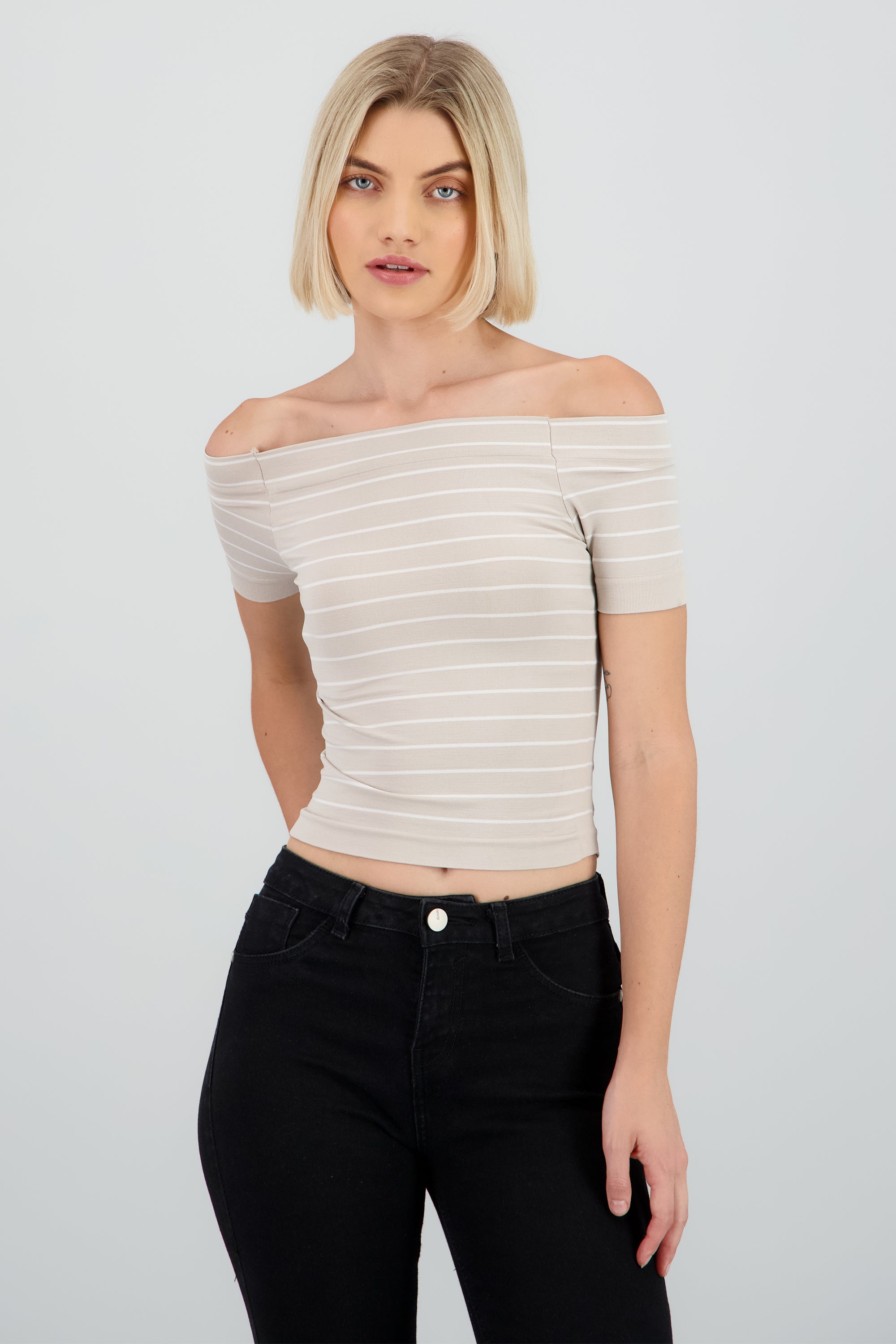 Top rayas off shoulder BEIGE