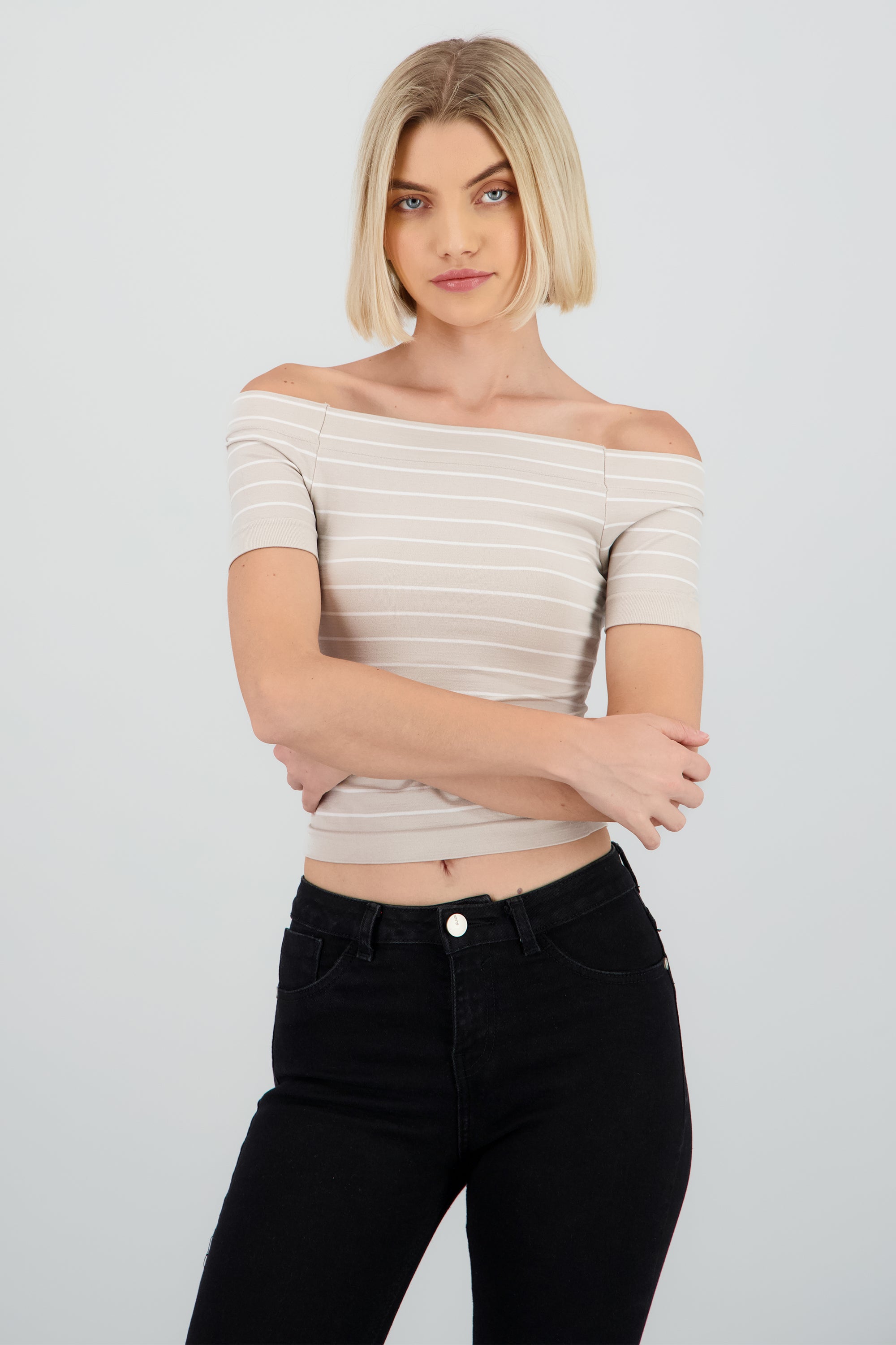 Top rayas off shoulder BEIGE