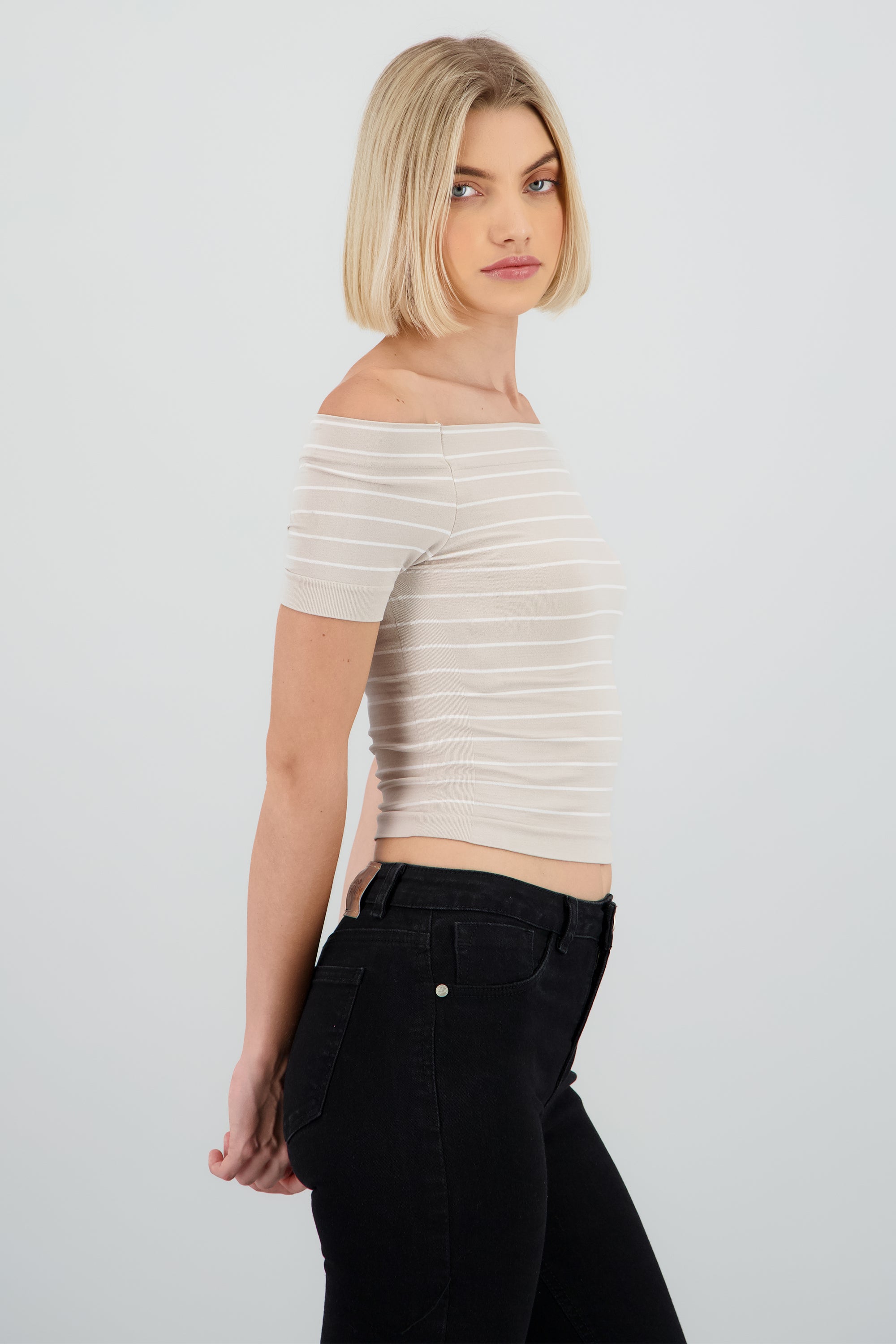 Top rayas off shoulder BEIGE