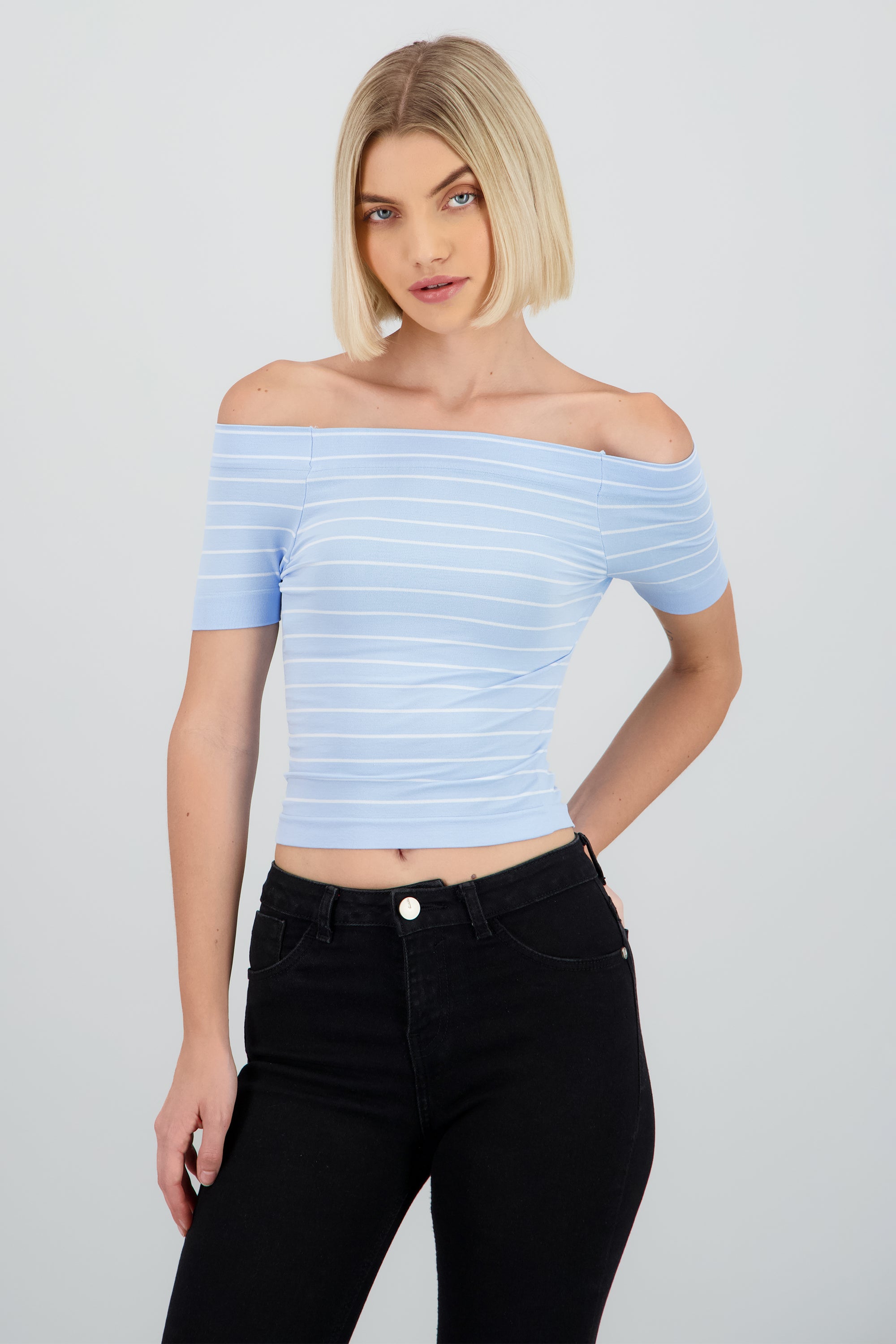 Top rayas off shoulder AZUL PASTEL