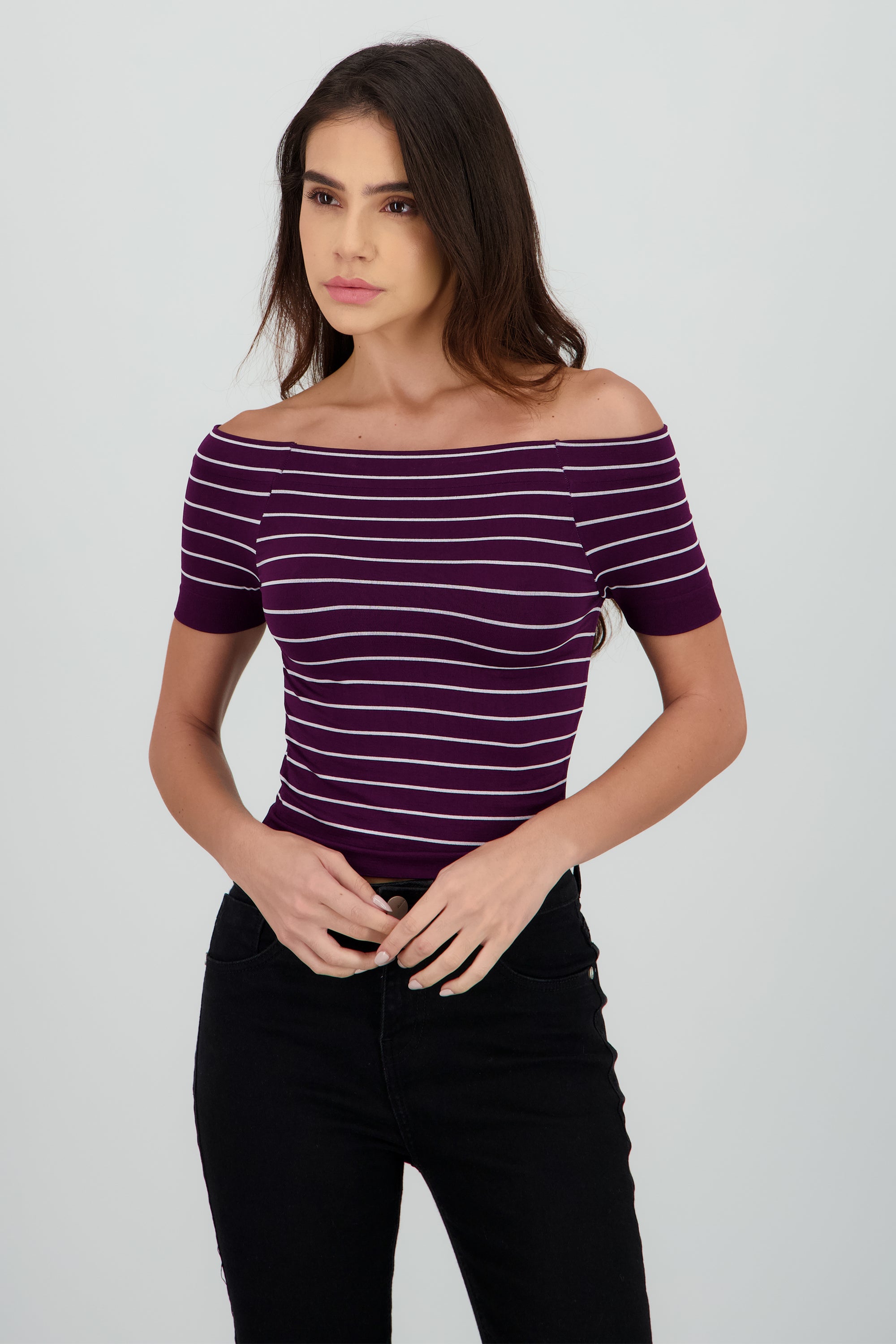 Top rayas off shoulder CIRUELA