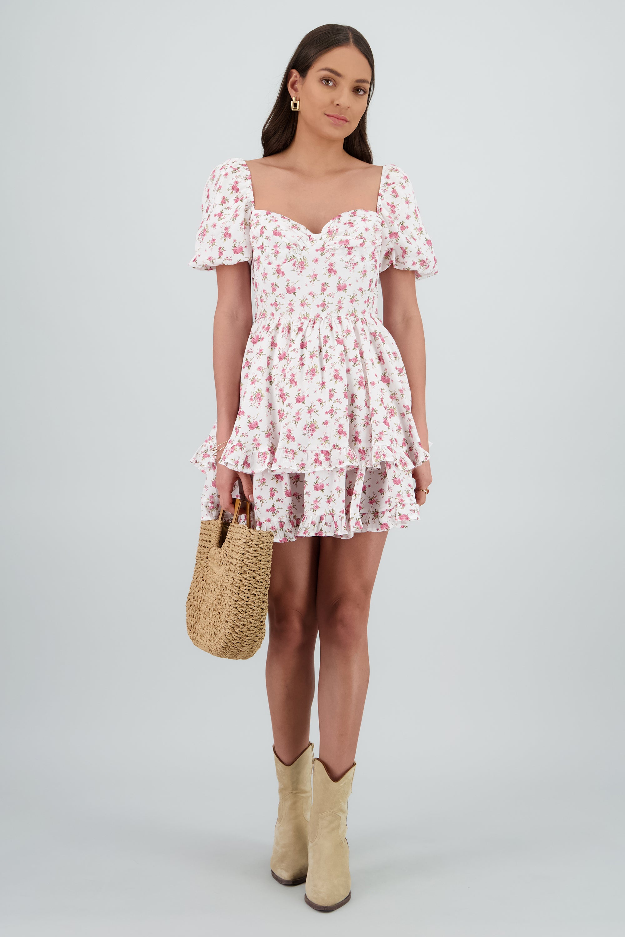 Vestido con copas y doble olan BLANCO COMBO