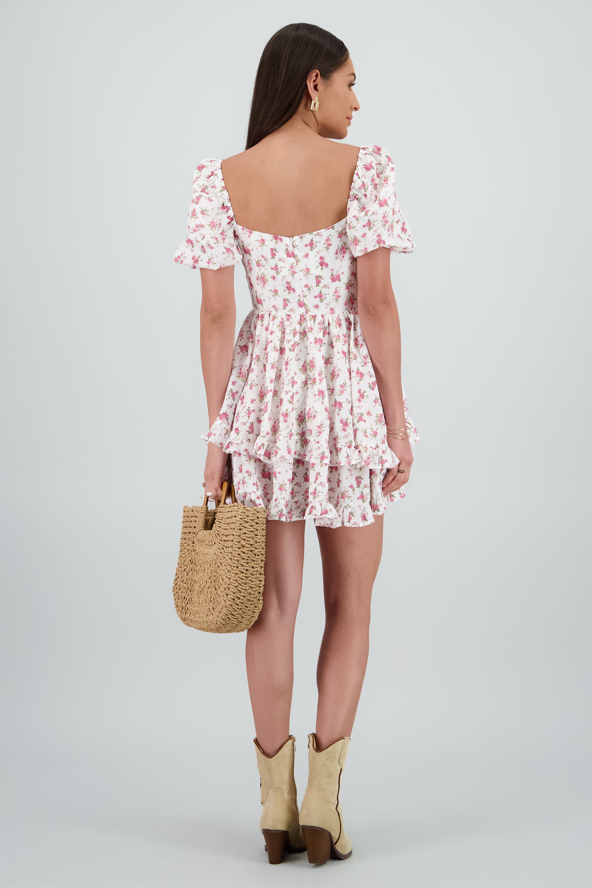 Vestido con copas y doble olan BLANCO COMBO