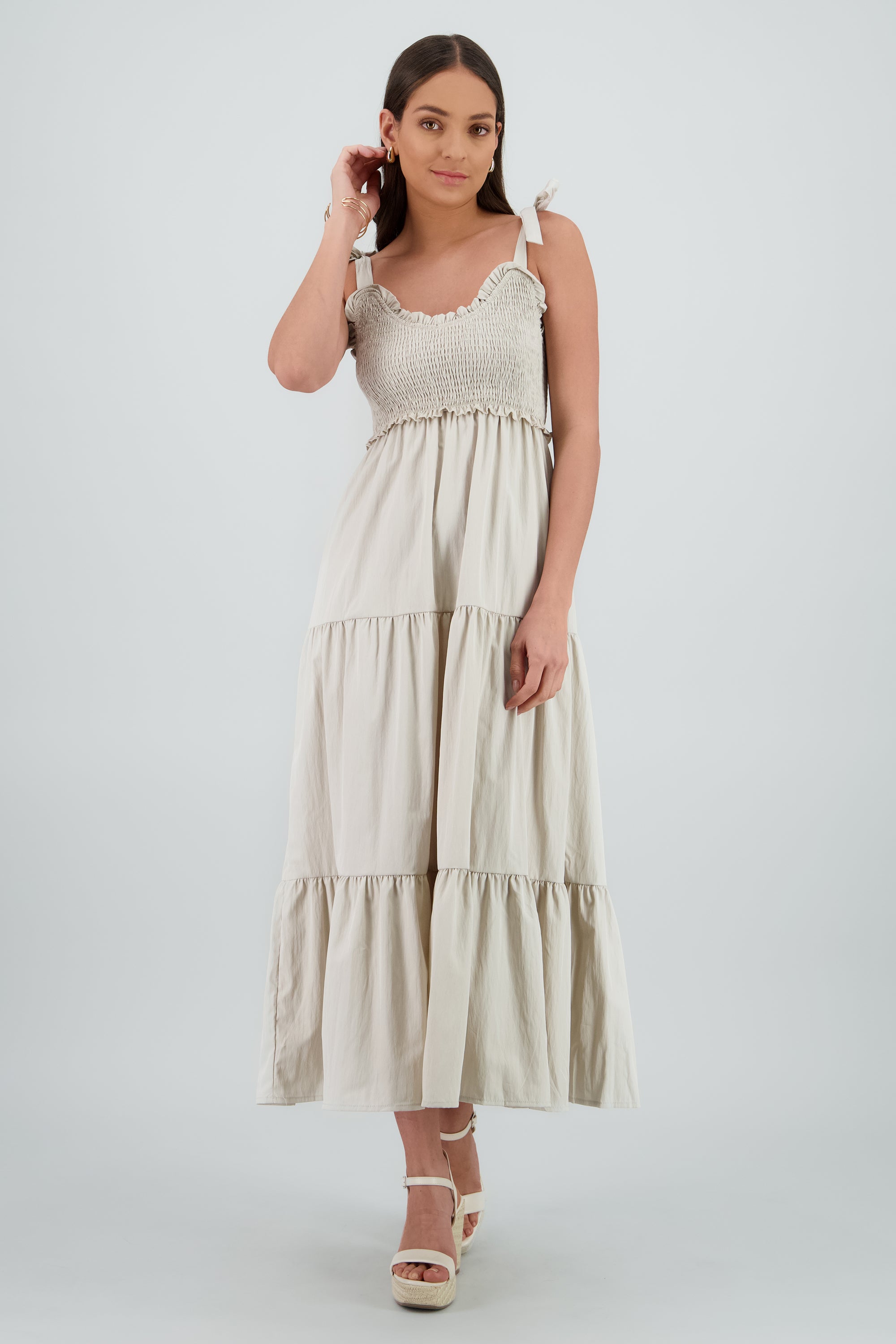 Maxi Vestido con smock GRIS CLARO